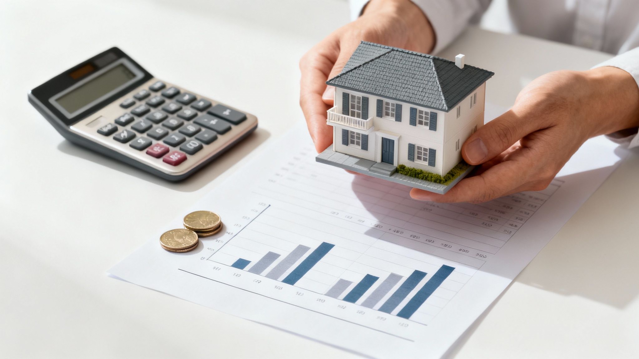 Hands holding miniature house model over financial charts with calculator and coins on desk