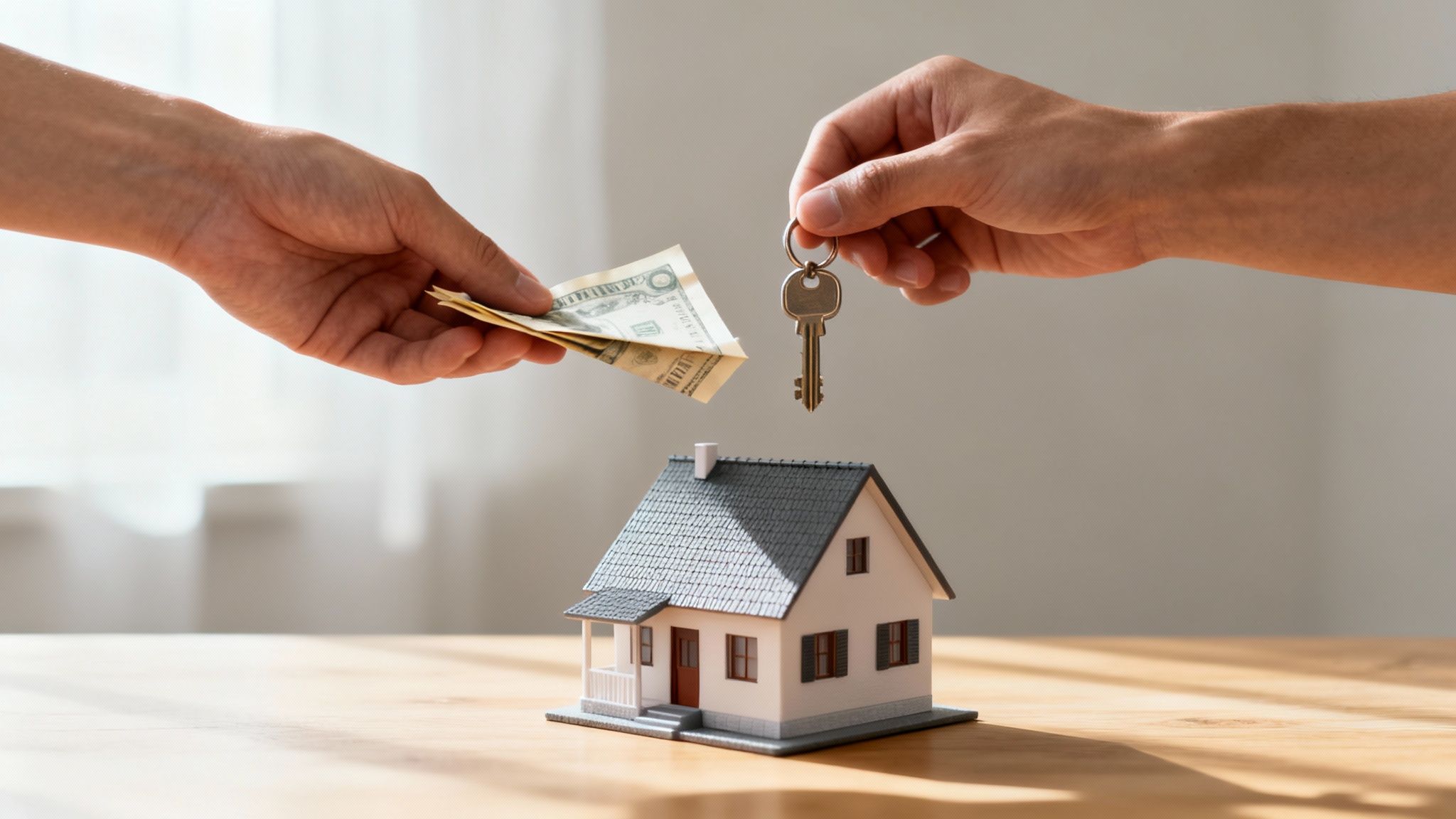 Hands exchanging dollar bills for house keys above a miniature home model, symbolizing property sale.