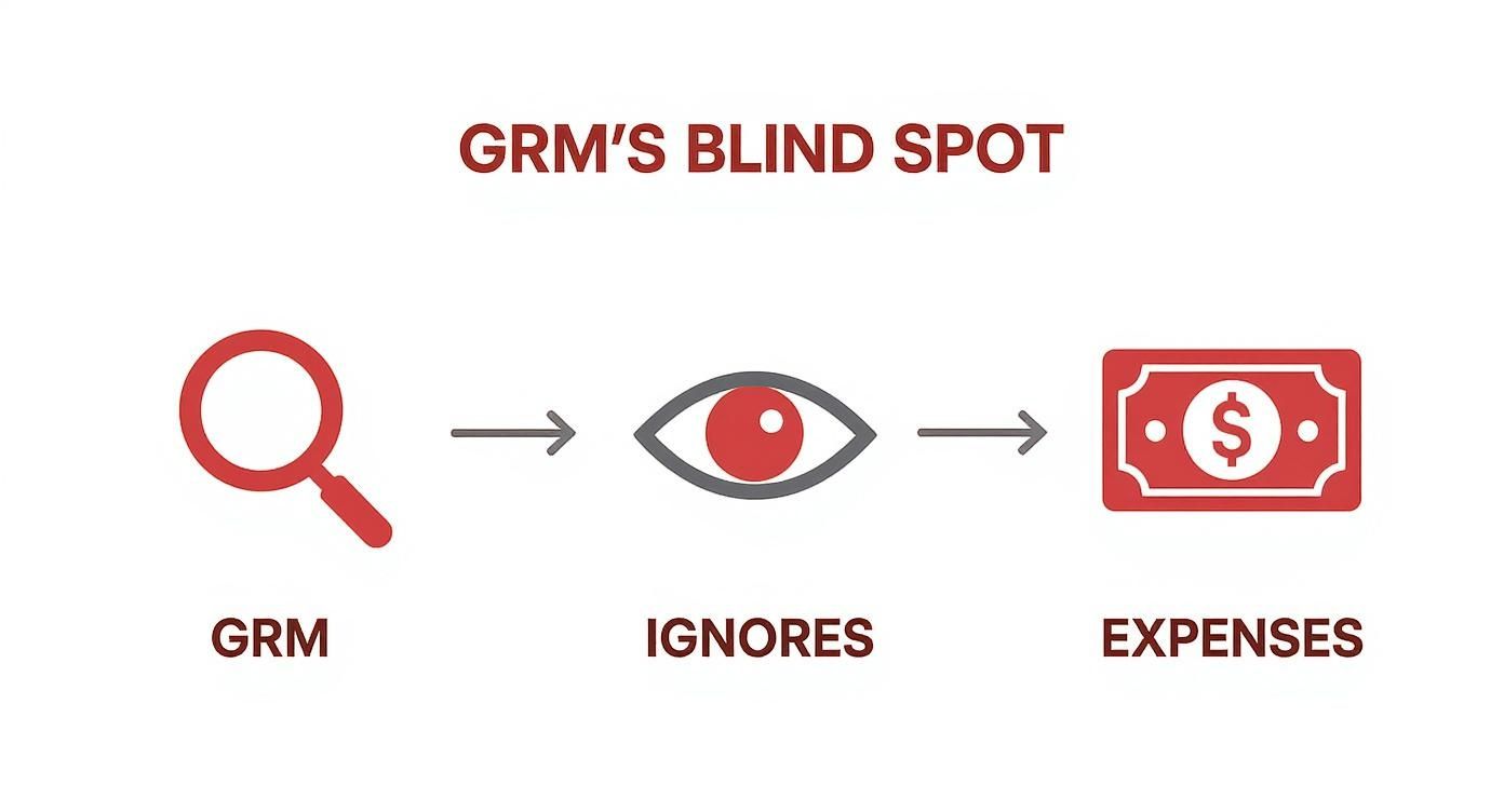 Diagram titled 'GRM's Blind Spot' showing a magnifying glass (GRM) pointing to an eye (IGNORES) which points to a money bill (EXPENSES).