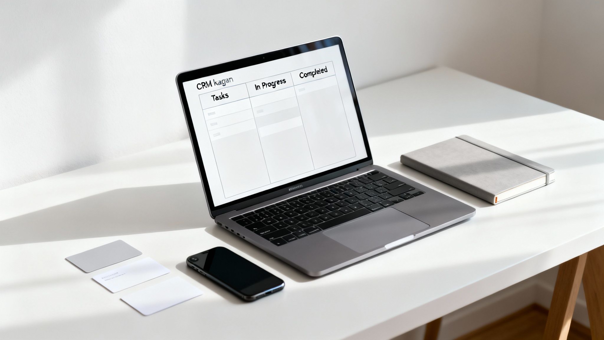 A laptop displaying a task management app, notebook, phone, and business cards on a white desk.