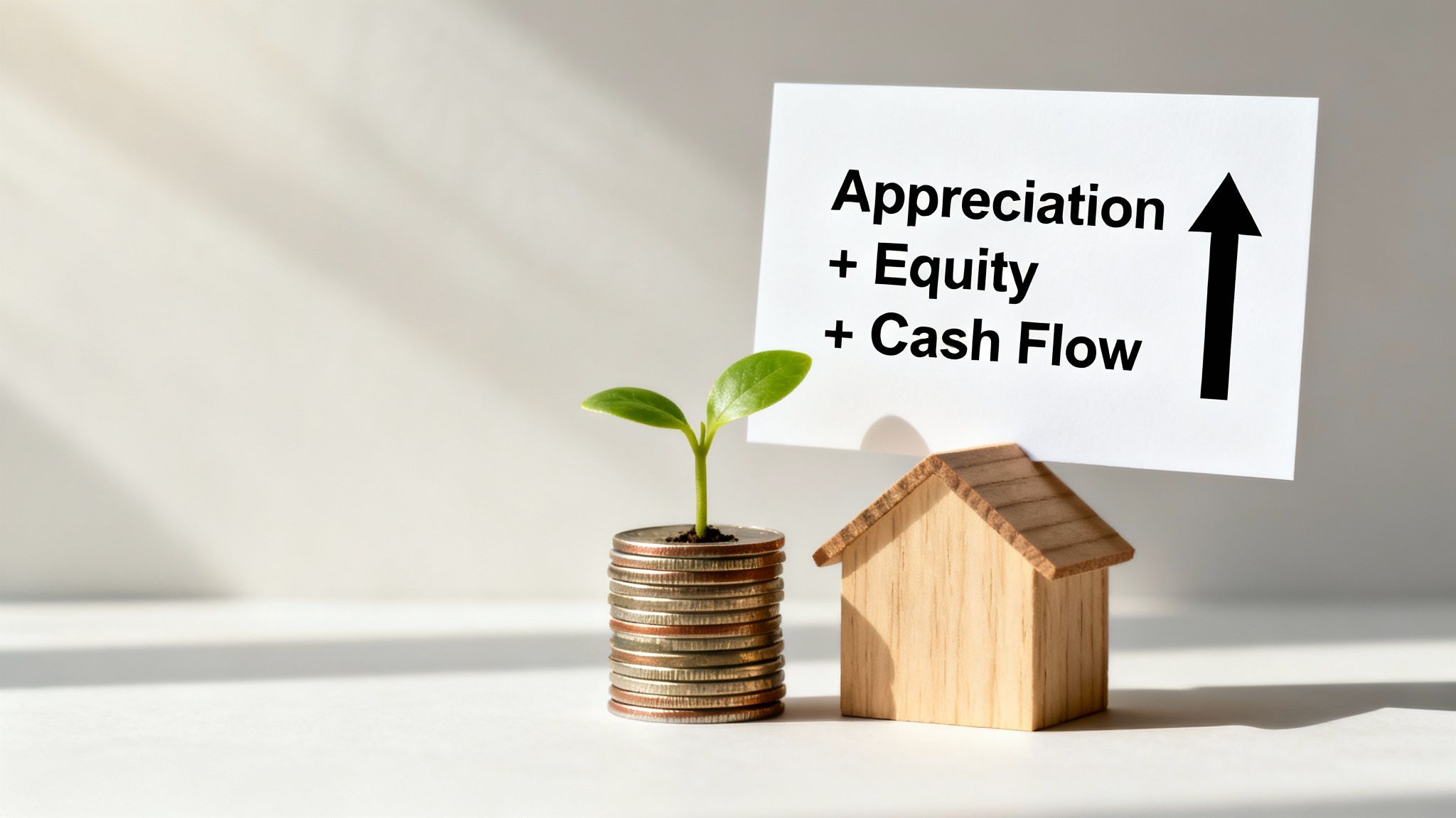 Plant growing from coins, next to a wooden house, with a card showing 'Appreciation + Equity + Cash Flow' and an arrow.