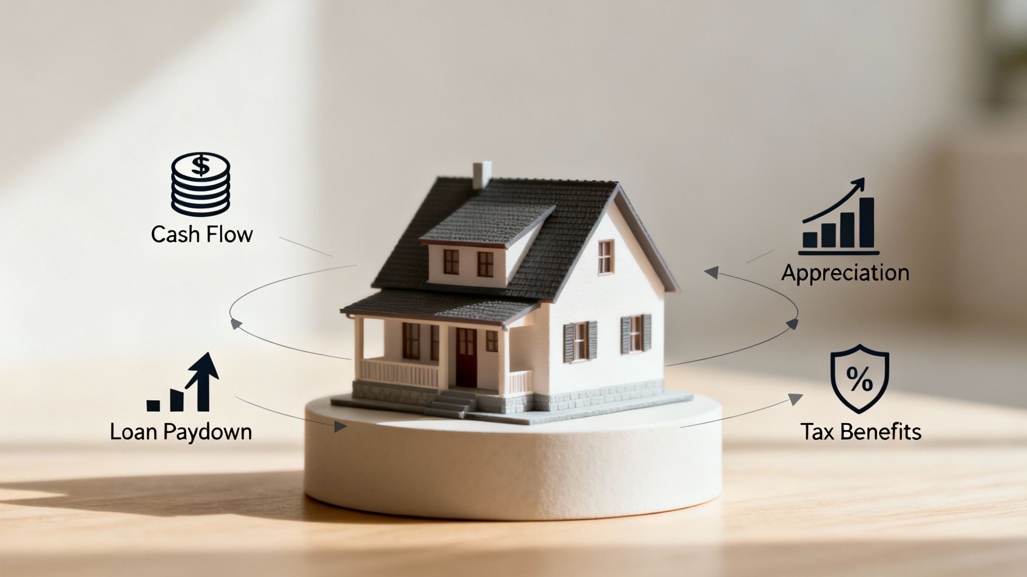 A model house surrounded by icons representing Cash Flow, Loan Paydown, Appreciation, and Tax Benefits, illustrating real estate investment returns.