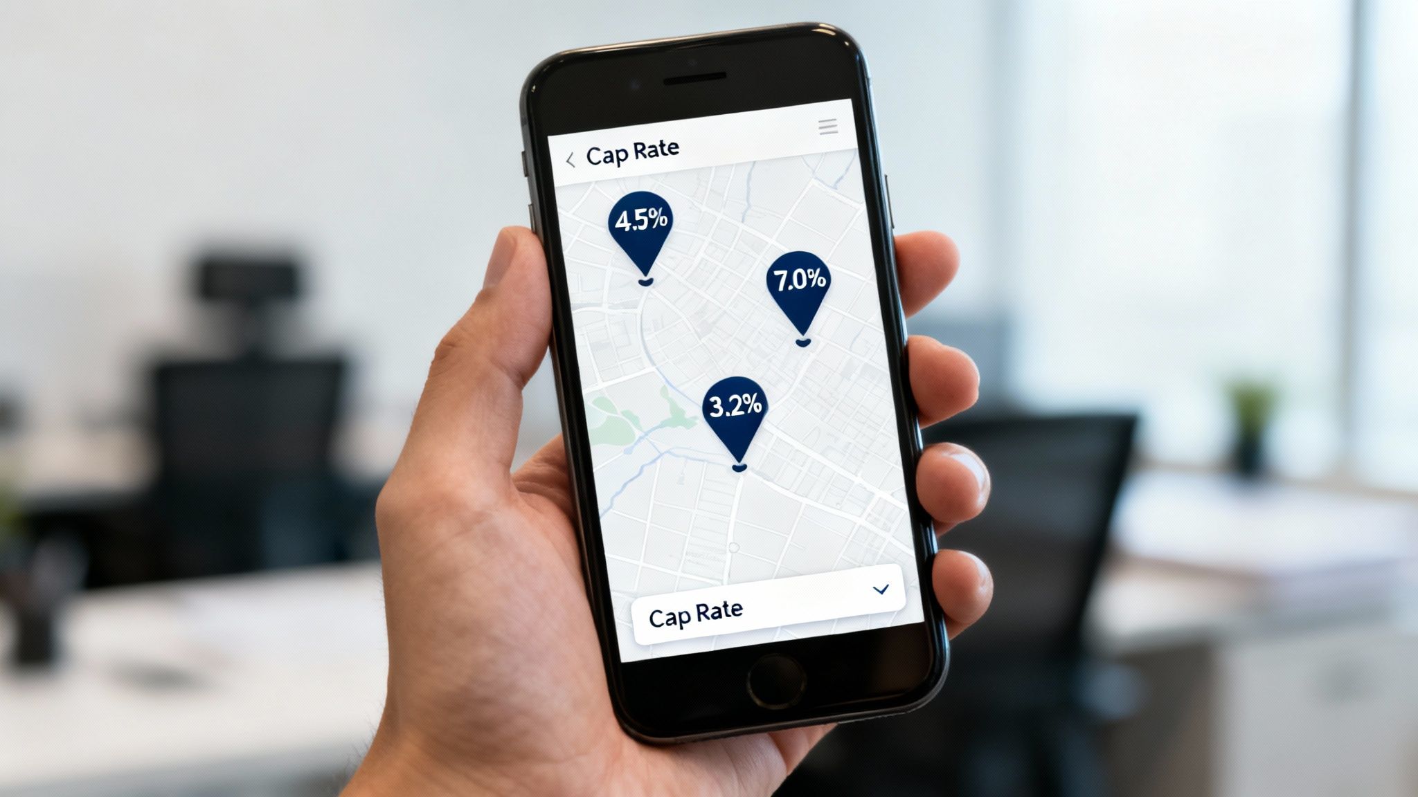 A hand holds a smartphone displaying a map application showing 'Cap Rate' with three location pins indicating different percentages.