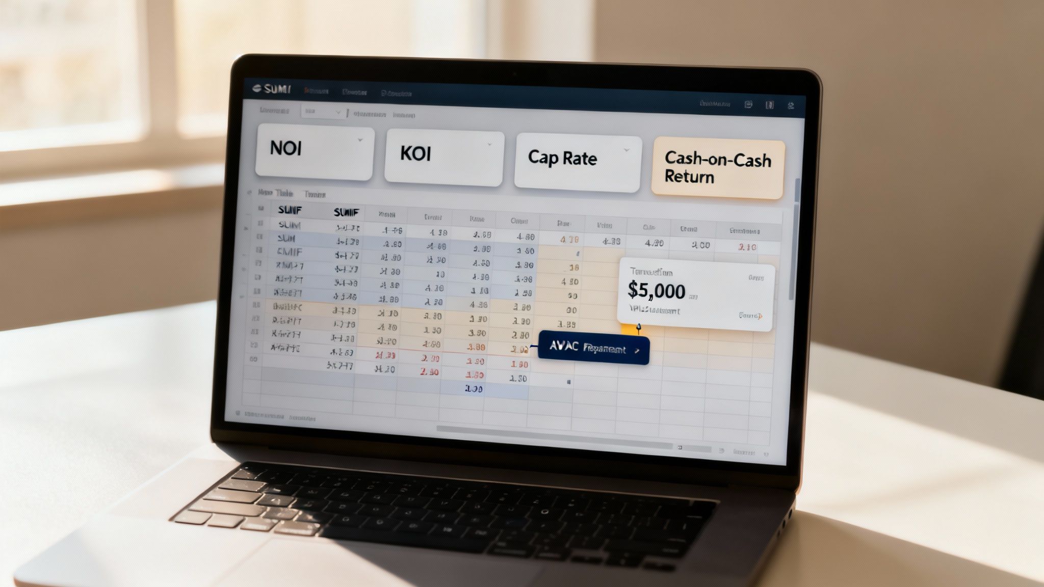 A laptop displays a financial spreadsheet with investment metrics like NOI, Cap Rate, and Cash-on-Cash Return.