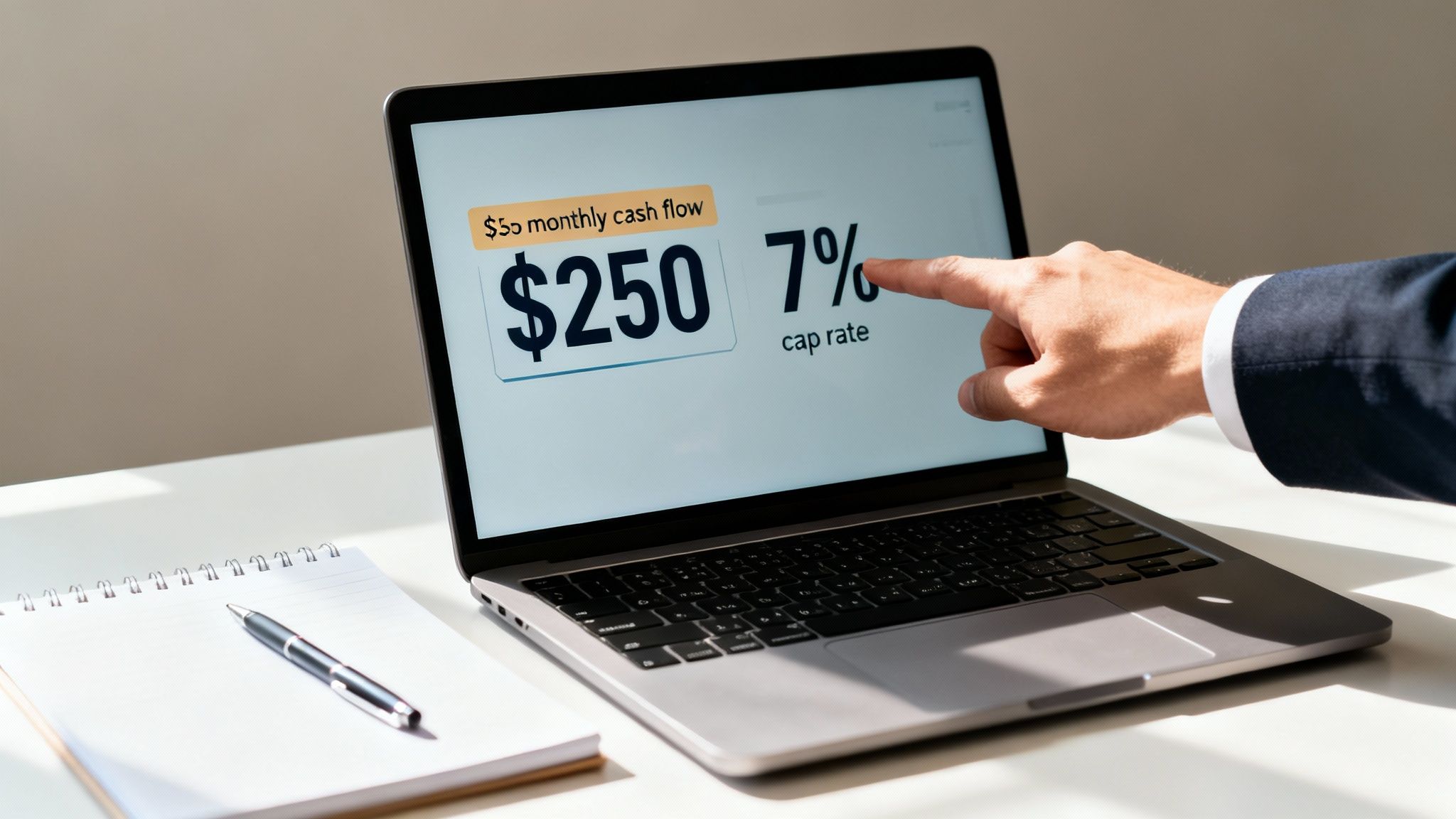 A hand points at a laptop displaying $250 monthly cash flow and a 7% cap rate.