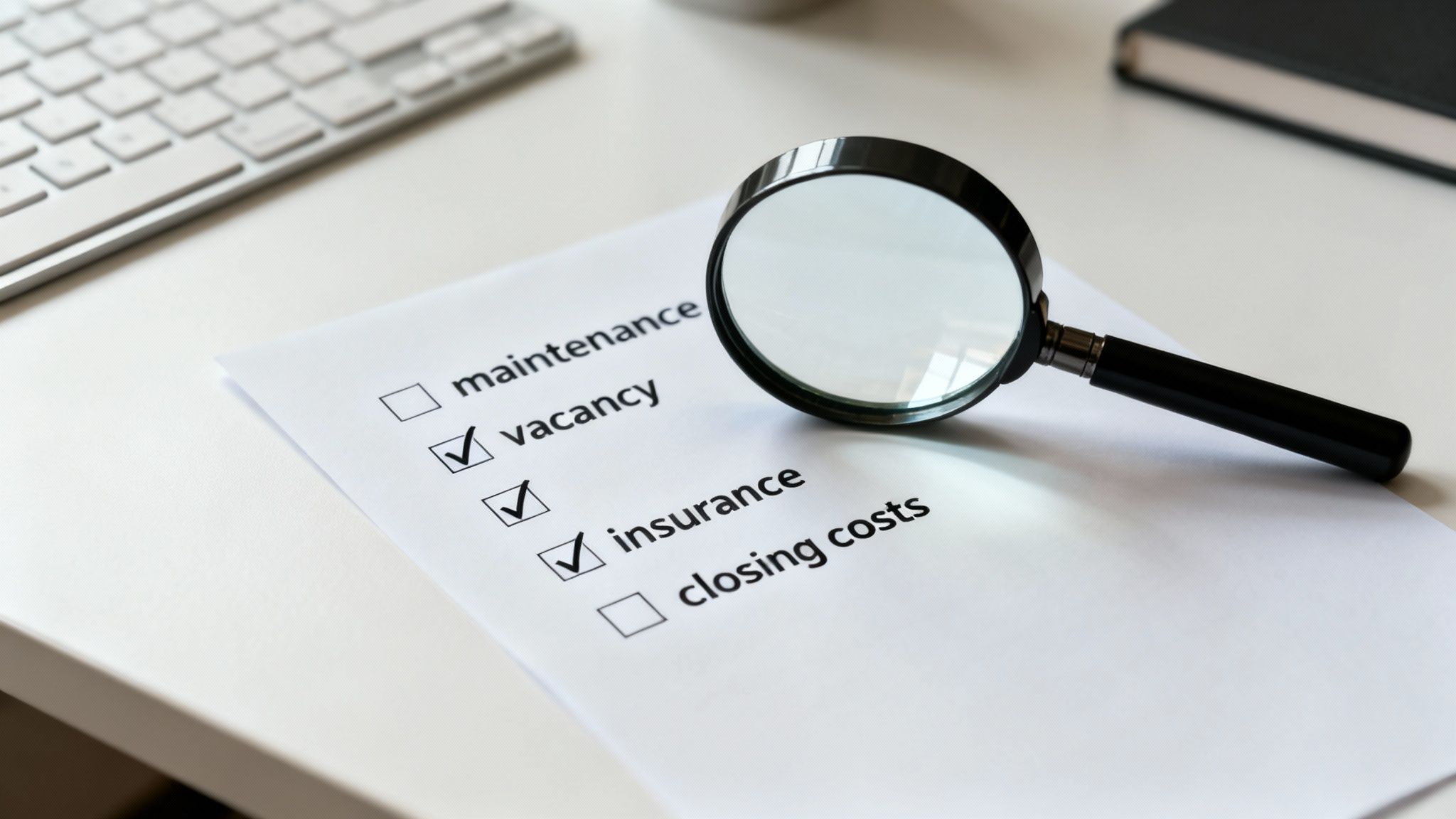 A magnifying glass on a paper checklist with items like vacancy and insurance checked.