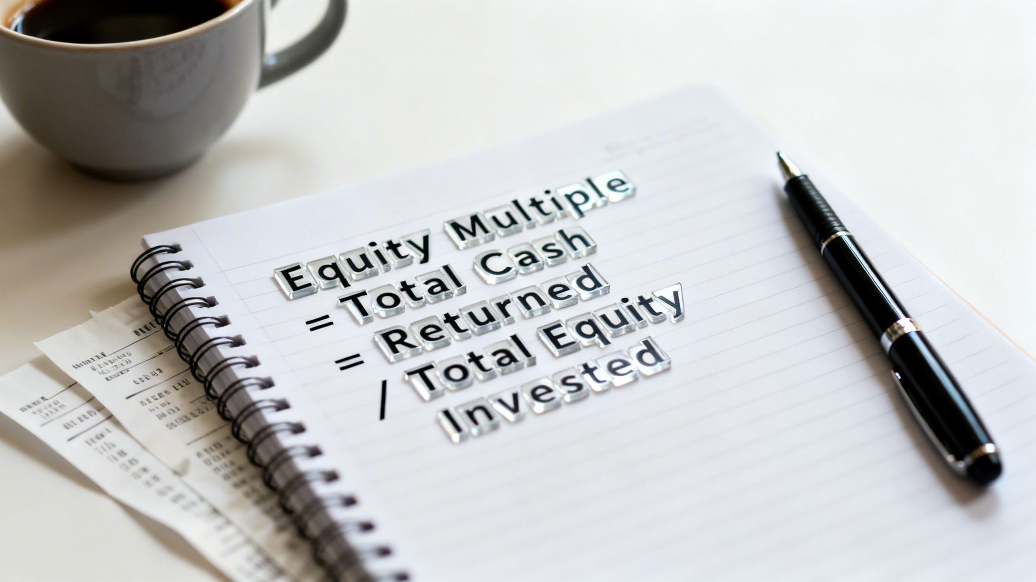 A notebook displays the Equity Multiple formula using letter tiles, with coffee, a pen, and receipts nearby.