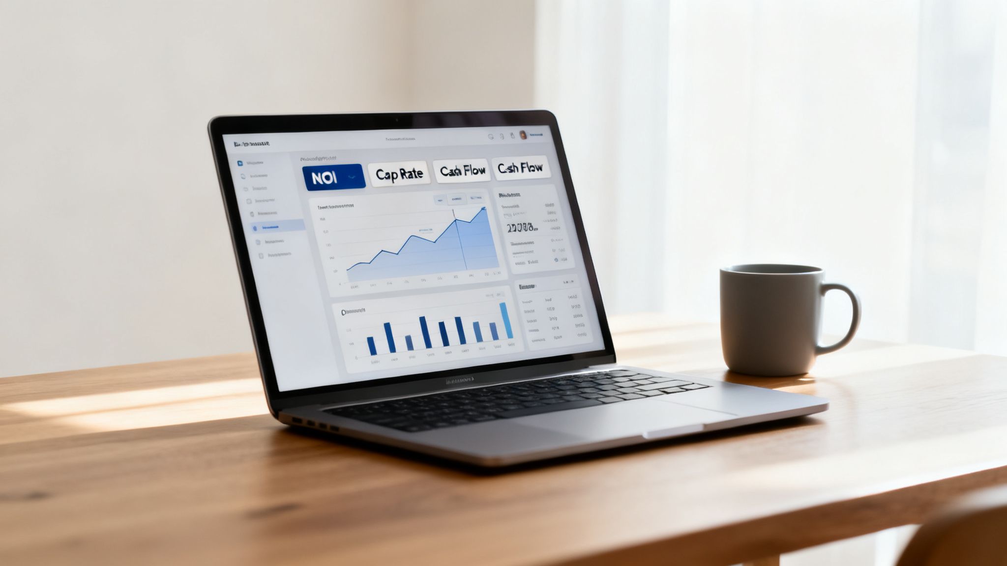 Laptop displaying a financial dashboard with NOI and Cap Rate metrics on a wooden desk.
