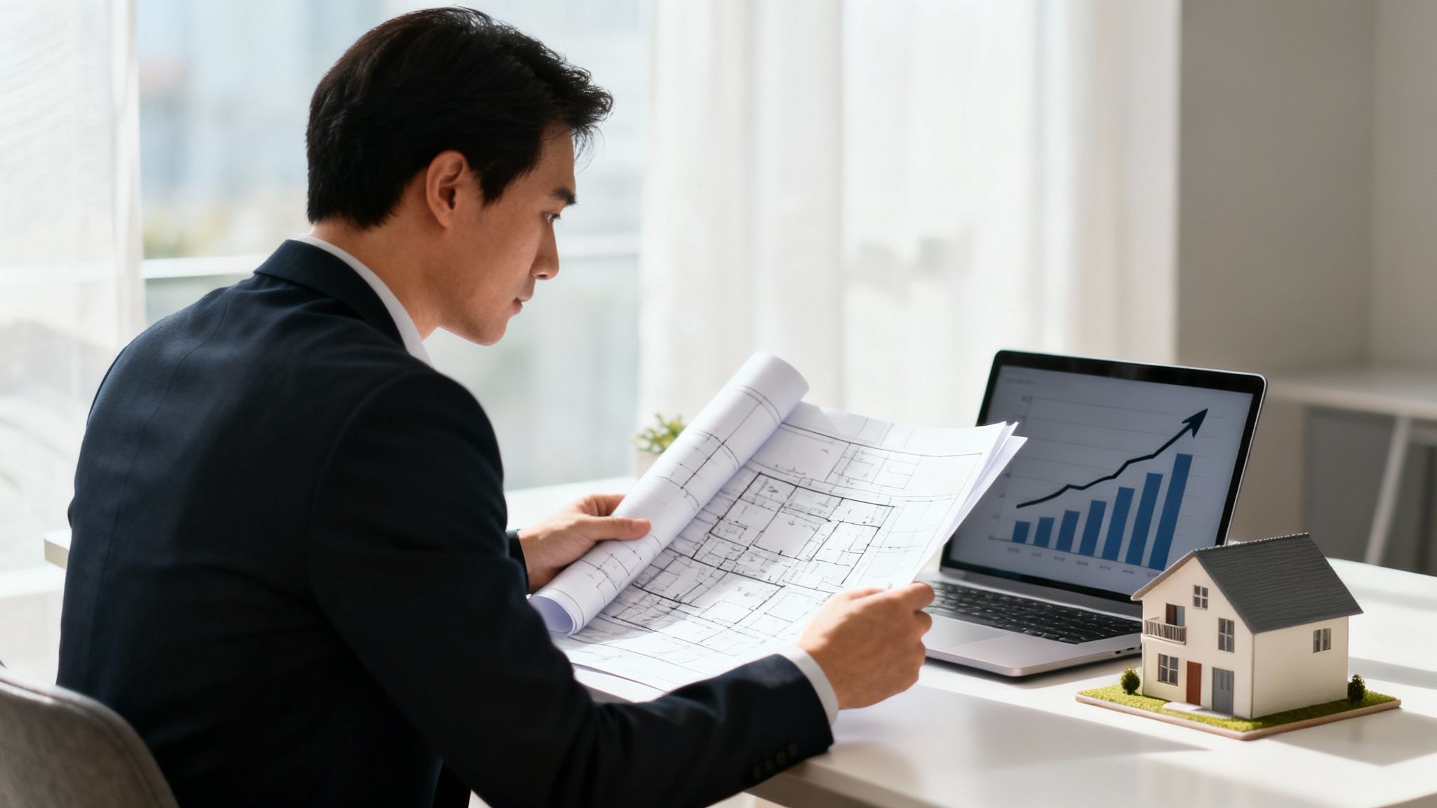 Professional man in a suit reviewing architectural blueprints at a desk with a laptop and a house model.