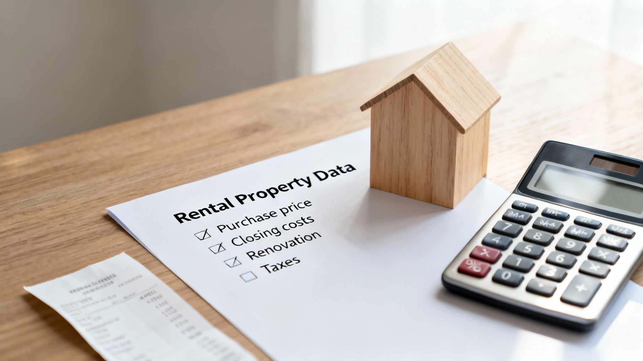 A checklist for rental property data with a wooden house model and calculator on a desk.
