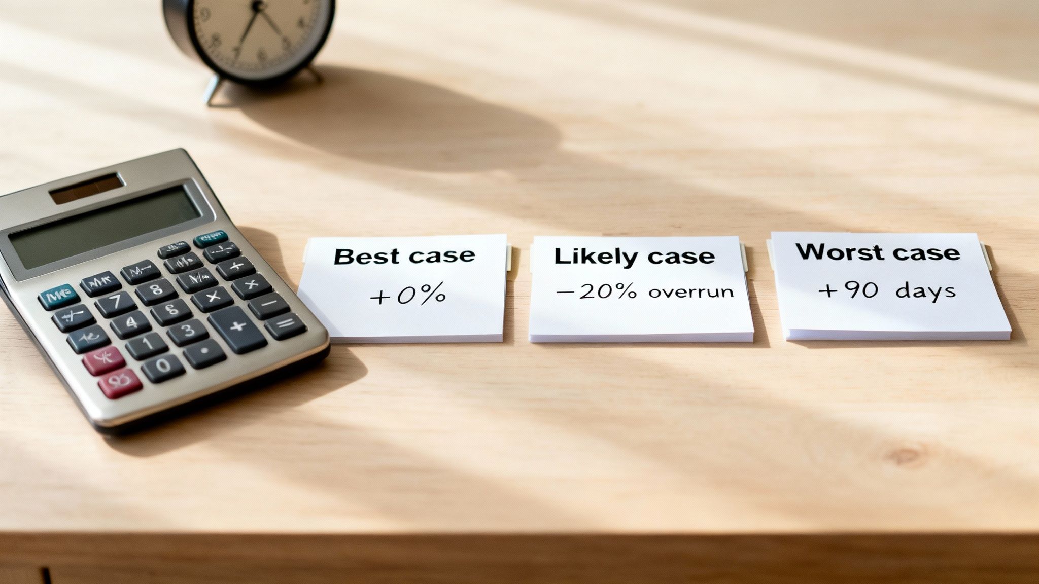 A calculator and cards on a desk display best, likely, and worst-case financial or project scenarios.