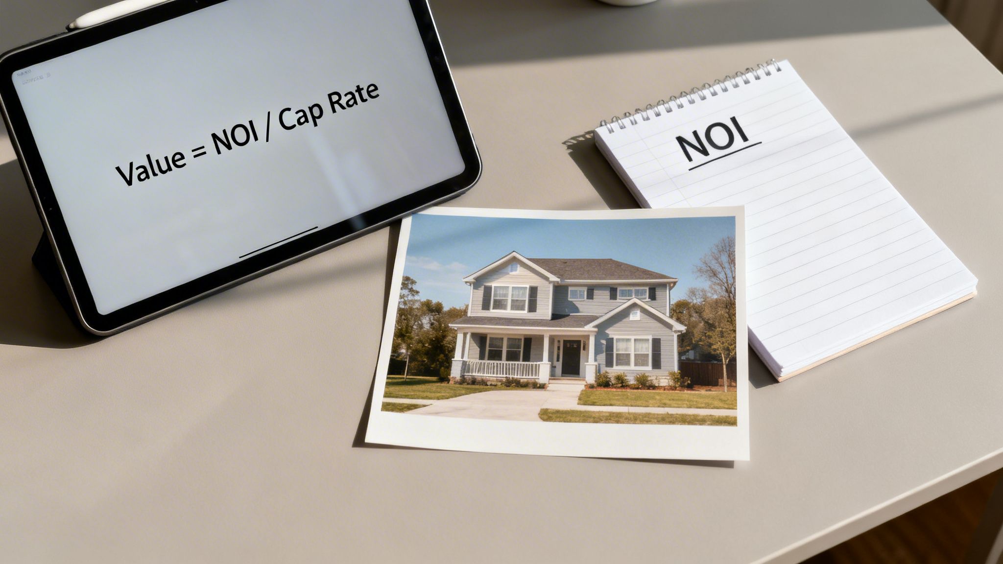 A tablet displays a real estate valuation formula, next to a house photo and NOI notepad.