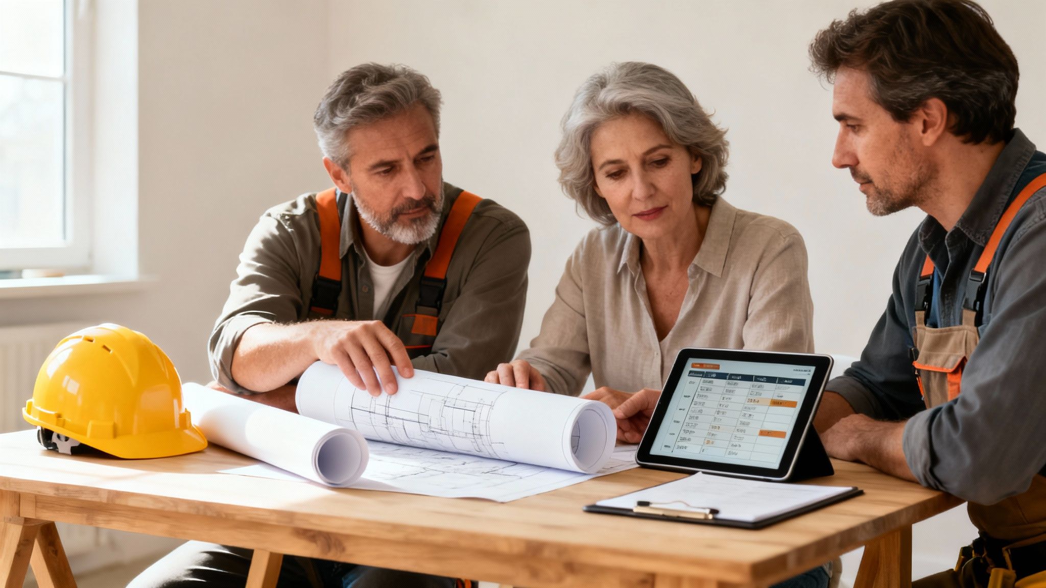 Two construction workers and a client reviewing blueprints and financial data on a tablet.