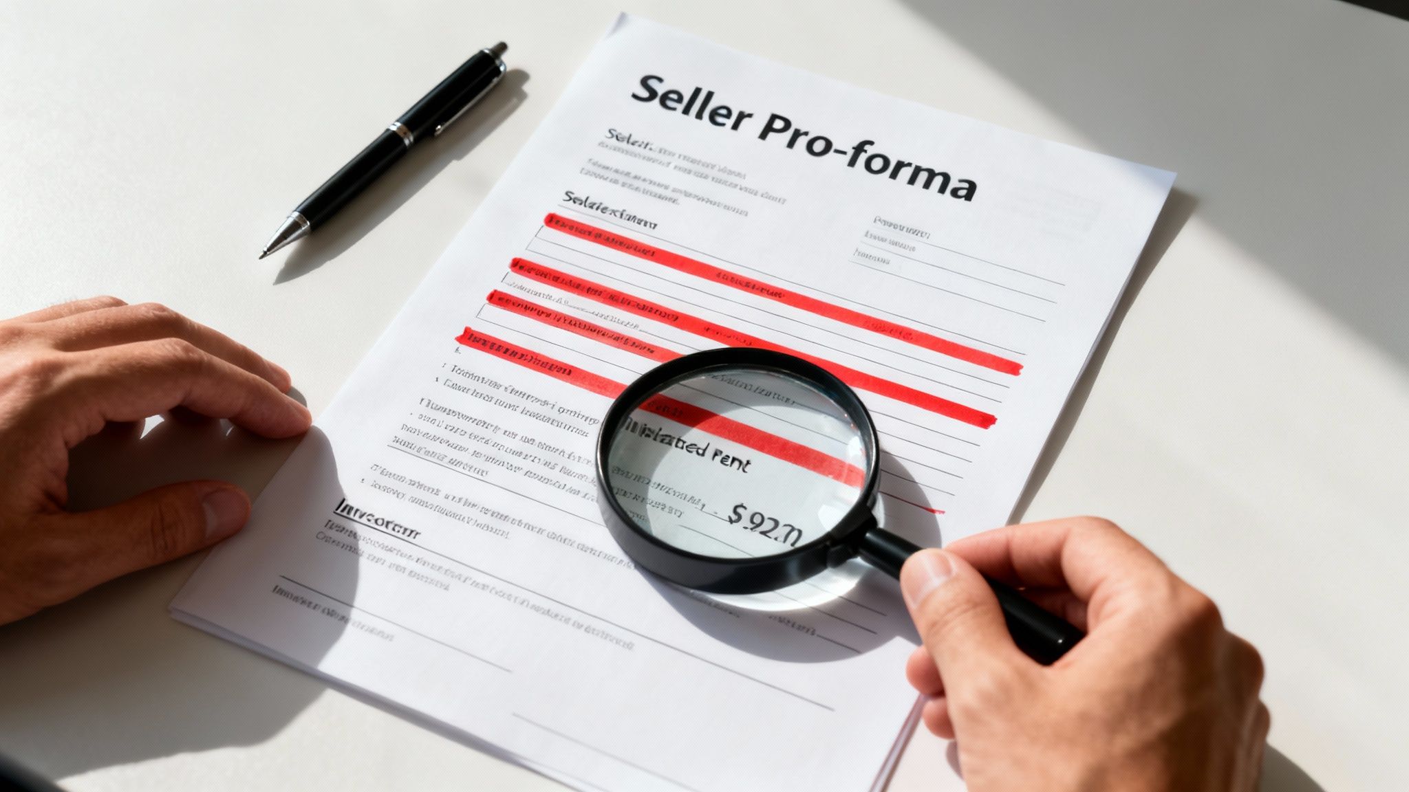 A hand uses a magnifying glass to inspect a 'Seller Pro-forma' document with financial details.