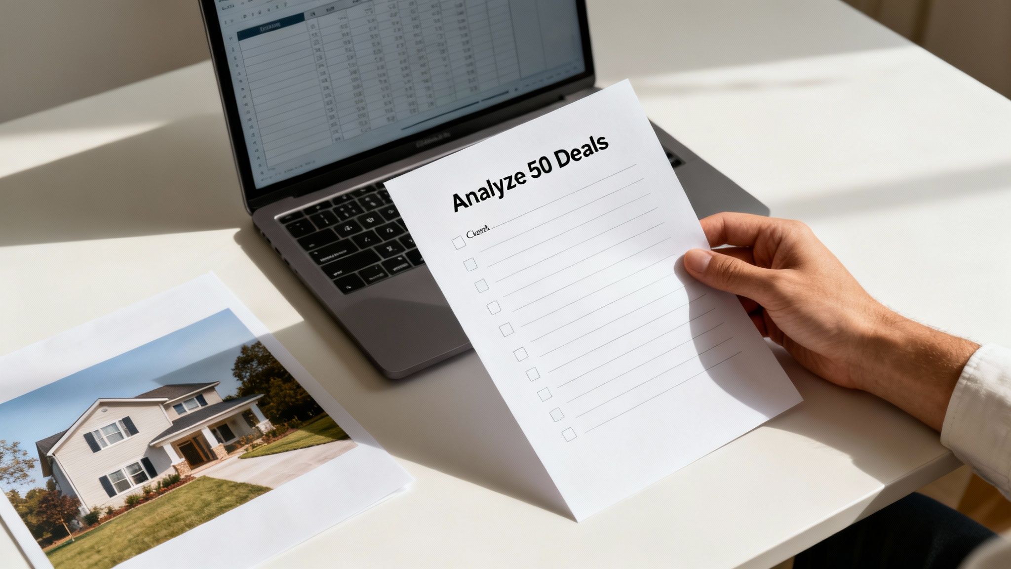 Person analyzing real estate deals with a checklist, laptop, and house printout on a desk.