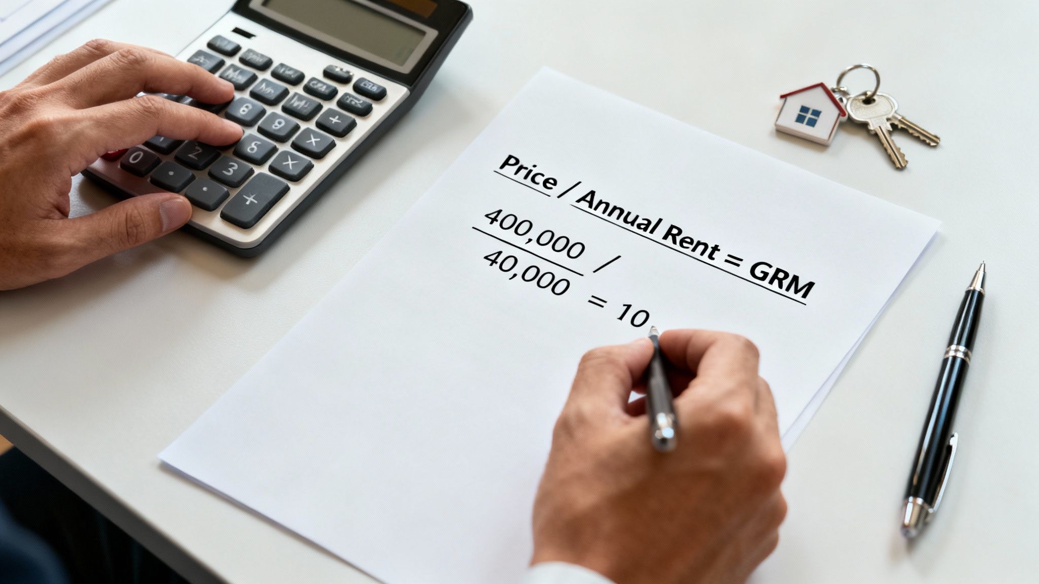 A hand calculates Gross Rent Multiplier (GRM) on paper, next to a calculator and house keys.