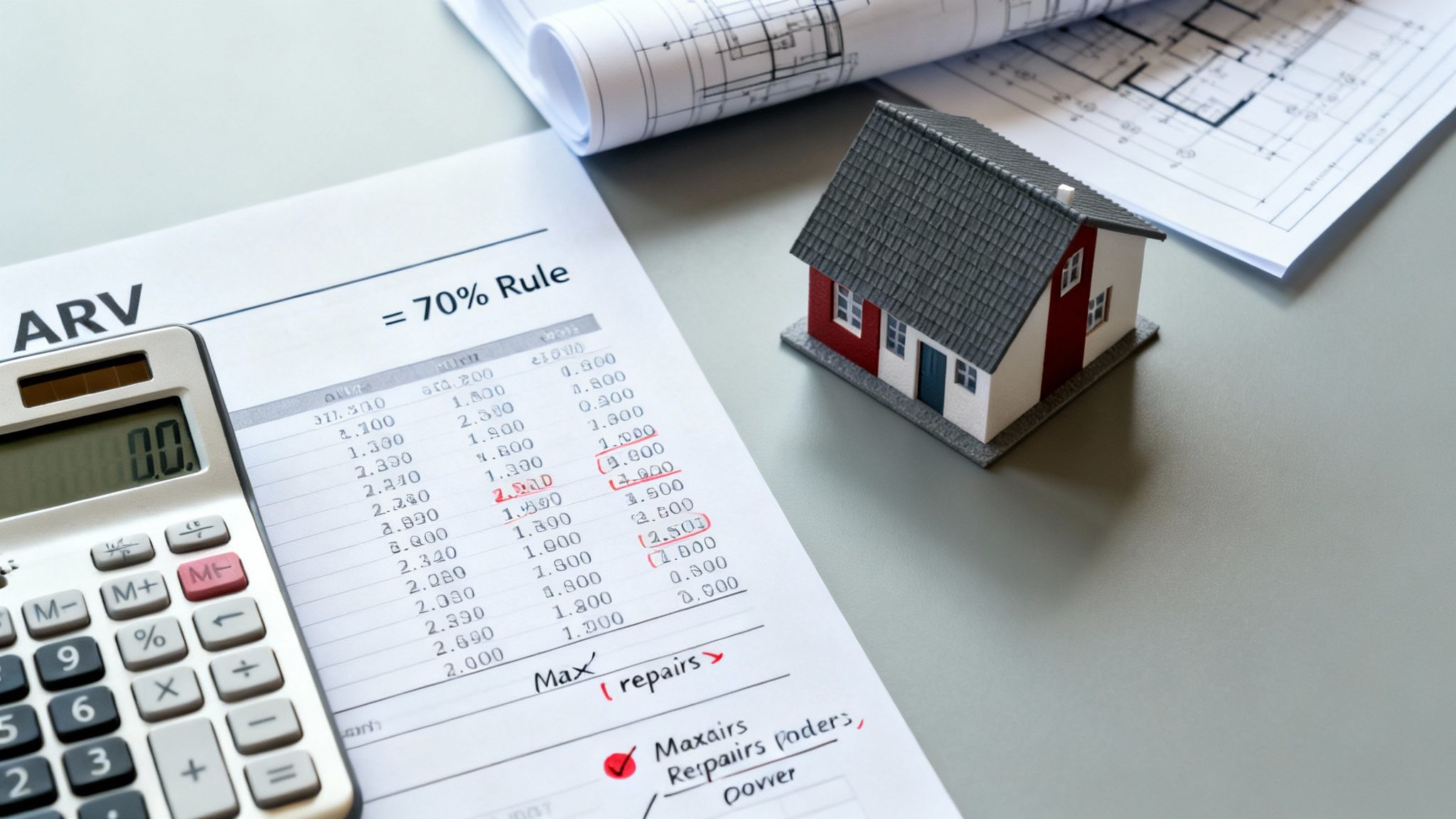 Real estate investor's desk with a calculator, house model, financial document, and blueprints.