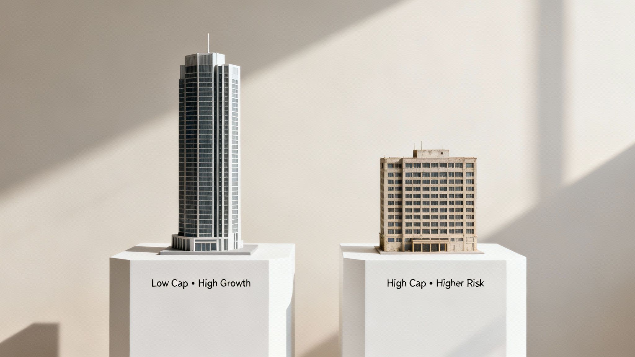 Two building models illustrating investment concepts: Low Cap High Growth vs. High Cap Higher Risk.