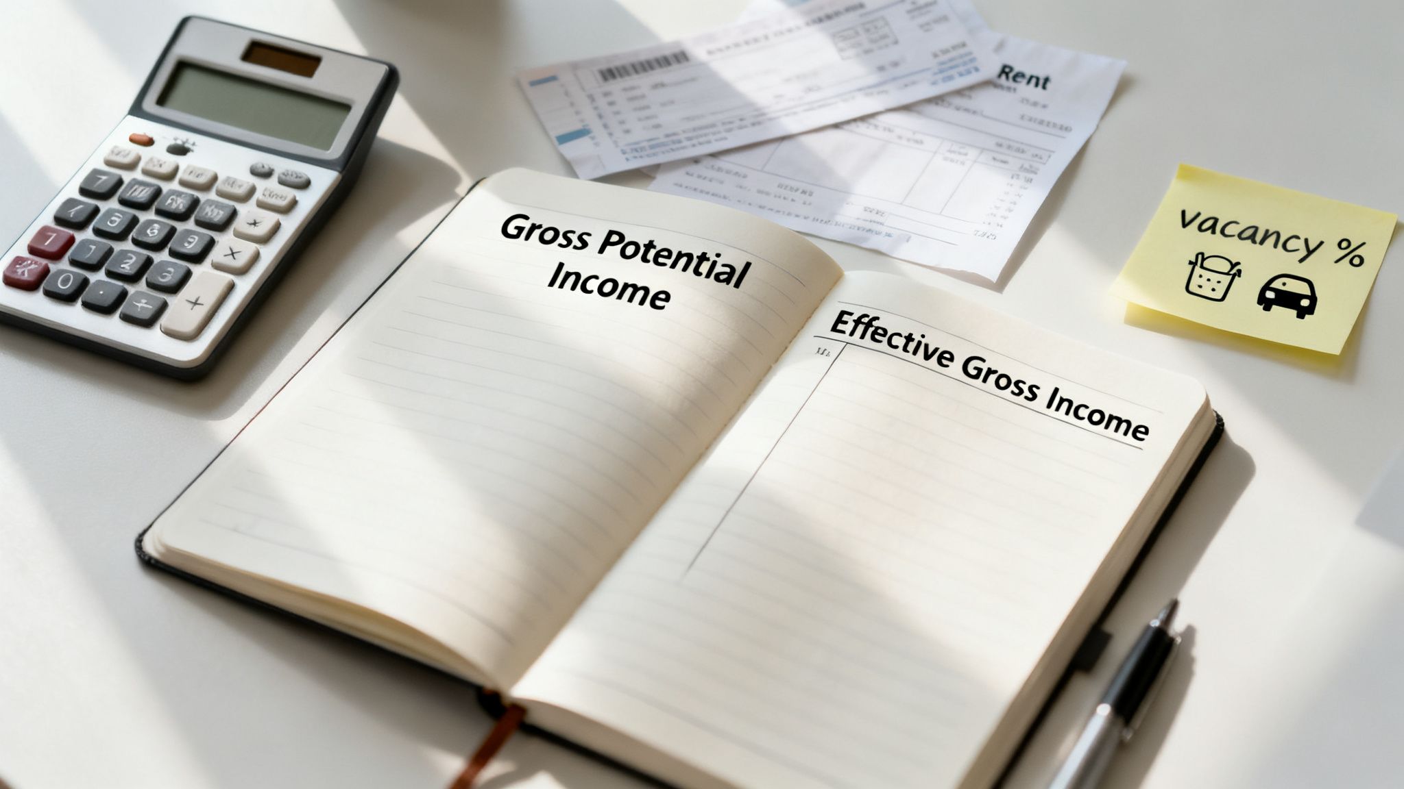 Desk setup with a calculator, an open notebook showing income terms, rent papers, and a sticky note about vacancy rates.
