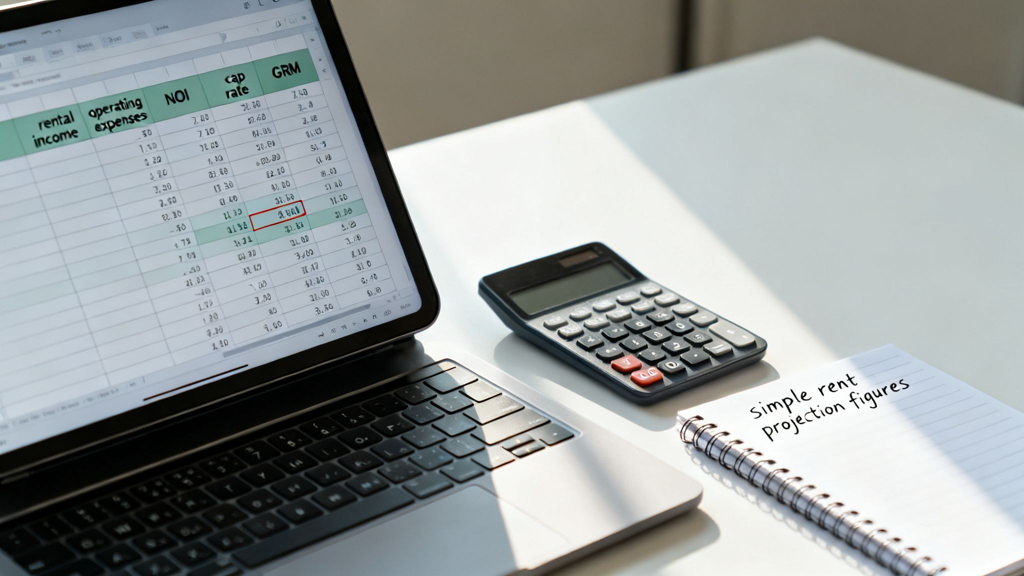 A laptop displaying a financial spreadsheet, a calculator, and a notebook for rent projection figures on a desk.