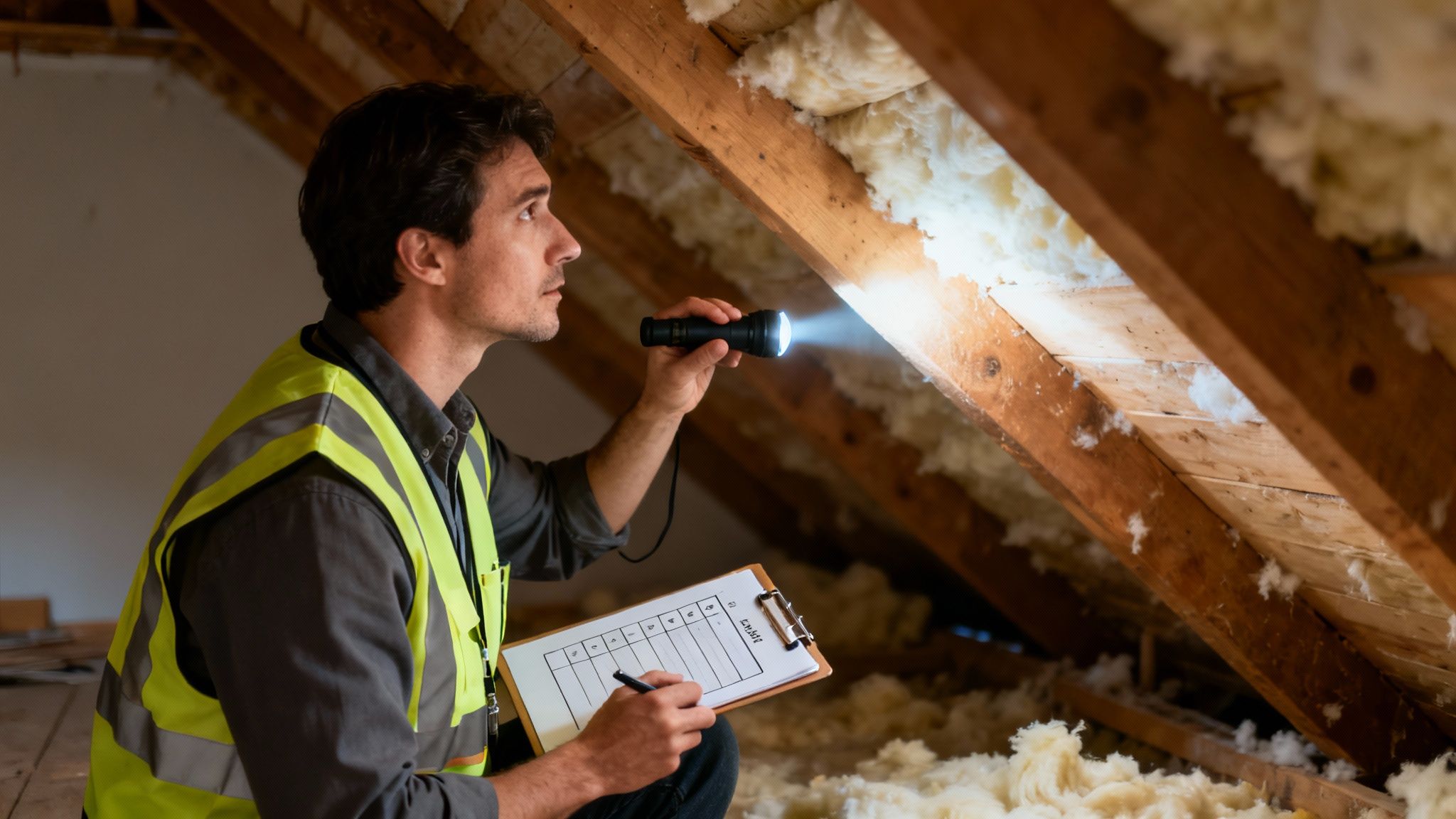 A home inspector with a flashlight and clipboard checking attic insulation and wooden beams.