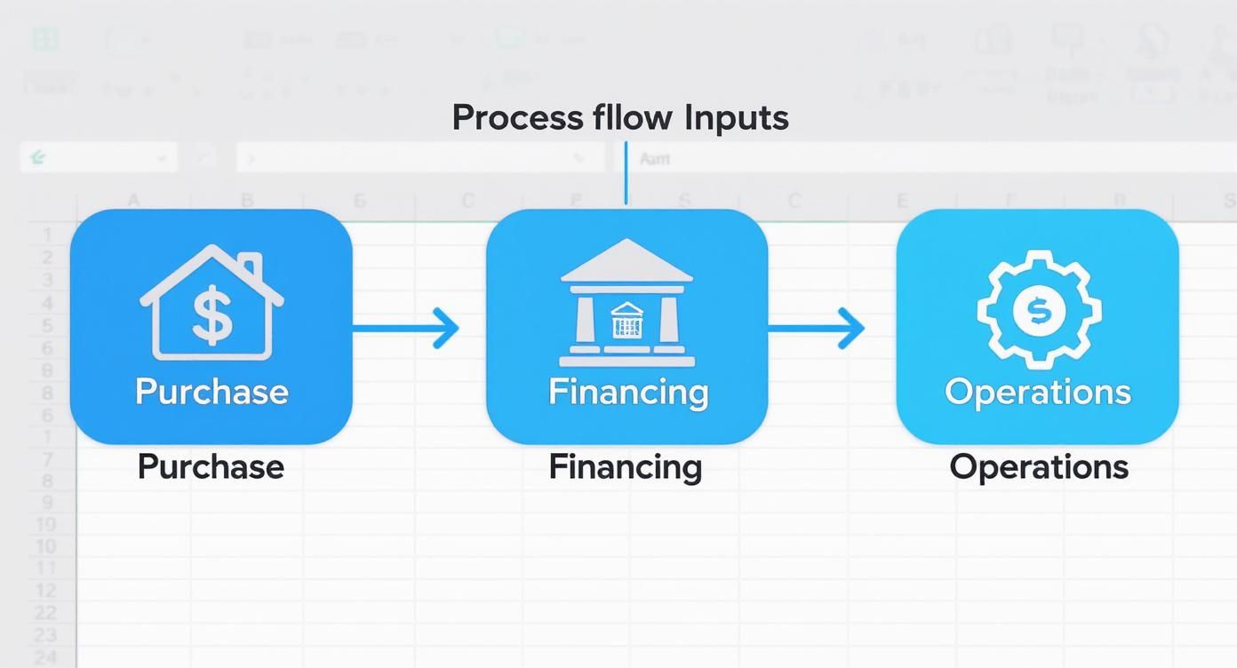 A diagram showing a real estate investment process flow: Purchase, Financing, and Operations.