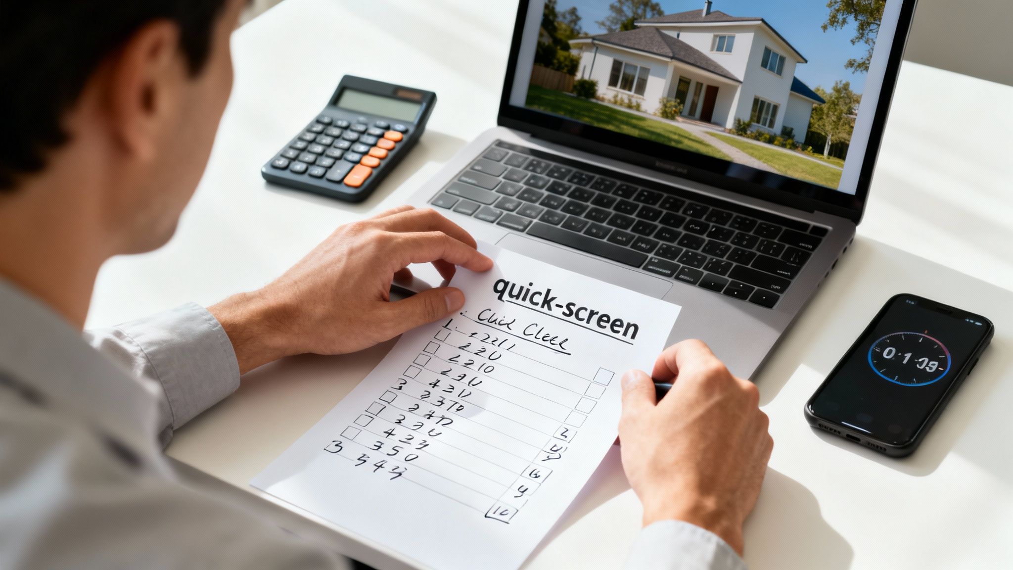 Man reviewing a 'quick-screen' checklist on a desk with a laptop showing a house, calculator, and timer.