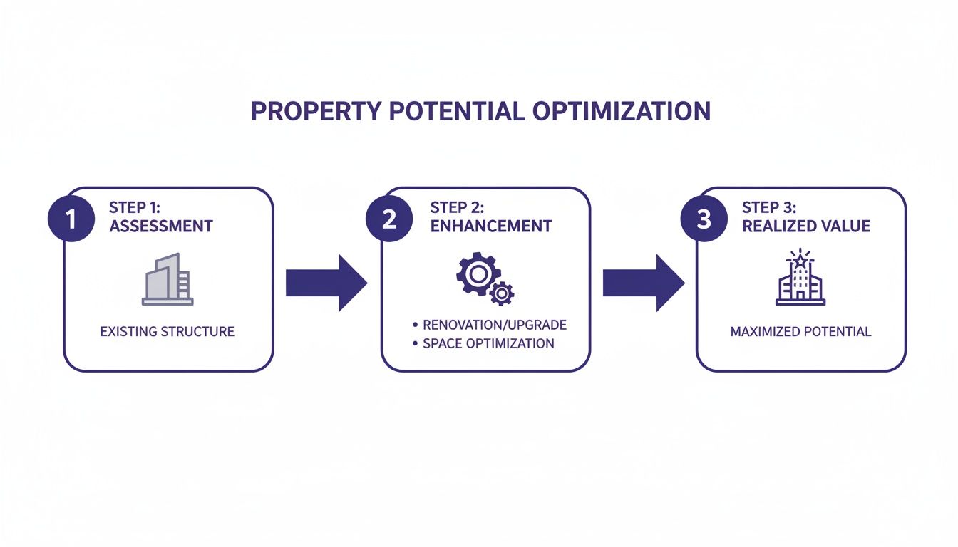 A three-step process for property potential optimization, including assessment, enhancement, and realized value.
