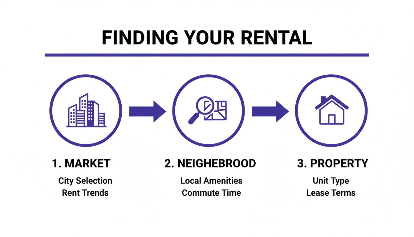 Infographic outlining three key steps to finding a rental property: Market, Neighborhood, and Property.