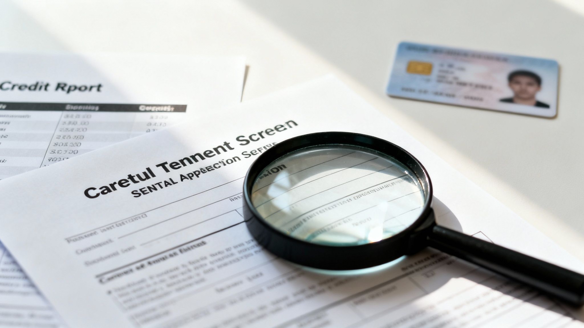 A magnifying glass rests on tenant screening documents, a credit report, and a blurred ID card.