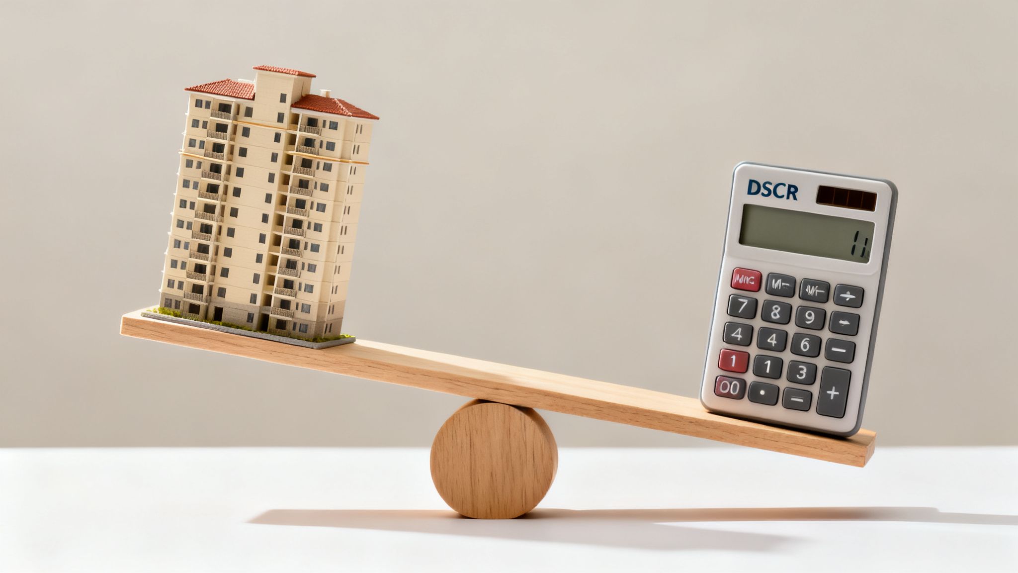 A miniature high-rise building and a DSCR calculator are balanced on a wooden seesaw.