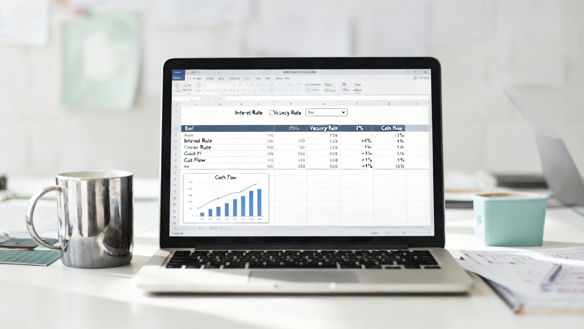 Laptop displaying an Excel sheet with financial data, interest rates, vacancy rates, and cash flow charts.