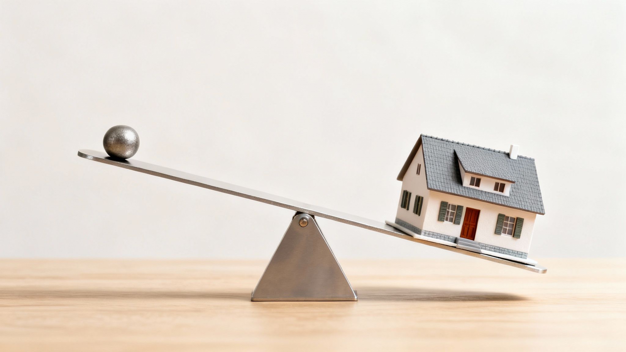 A miniature house on a seesaw scale outweighing a small metal ball, symbolizing property value.