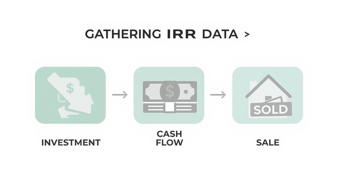 Flow diagram illustrating the process of gathering IRR data, from initial investment through cash flow to final sale.