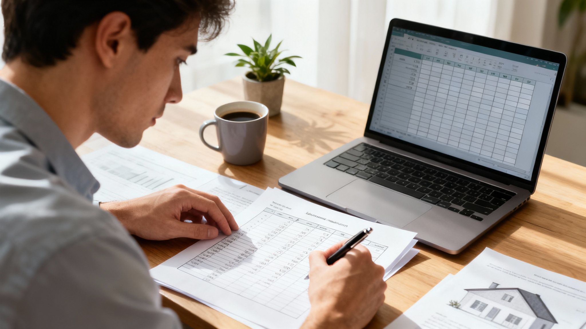 Young man calculating finances, writing on papers with a laptop spreadsheet open, at a wooden desk.