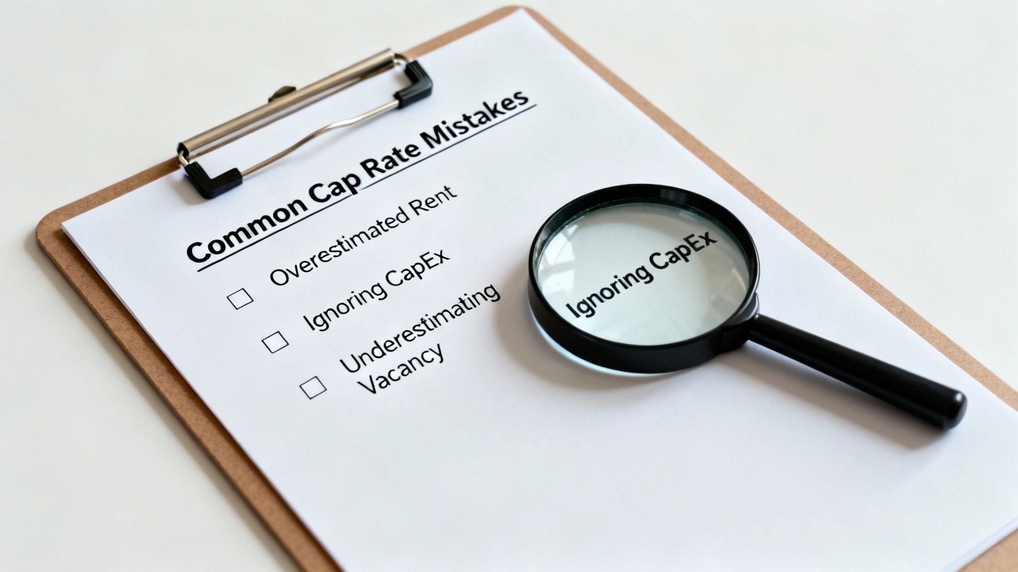 A clipboard with a checklist of common cap rate mistakes, highlighting 'Ignoring CapEx' with a magnifying glass.