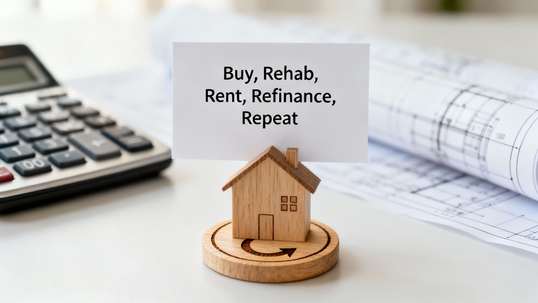 A wooden house model displays 'Buy, Rehab, Rent, Refinance, Repeat' text, illustrating a real estate investment strategy.