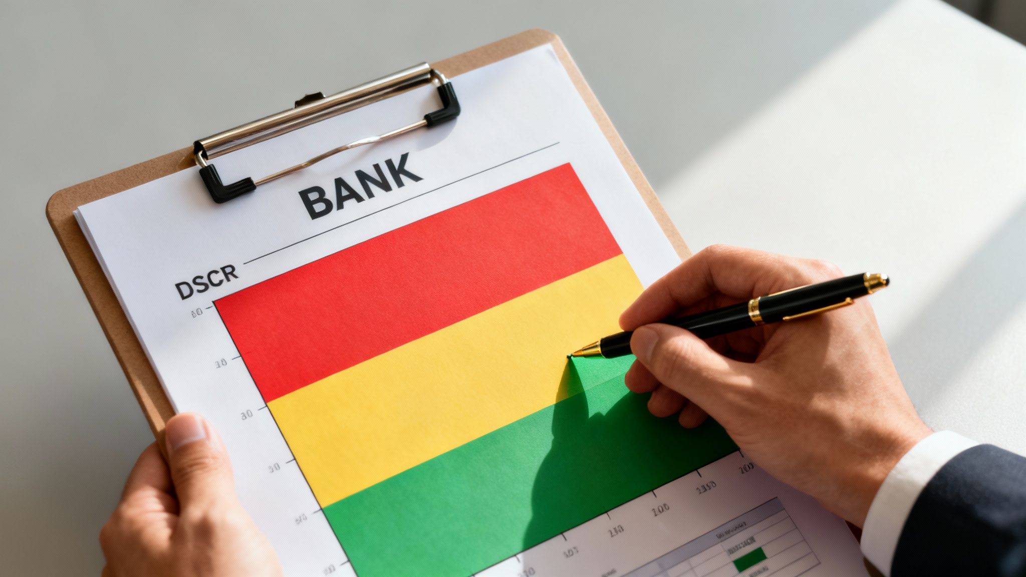 A person holds a clipboard with a 'BANK' and 'DSCR' chart, marking data with a pen.