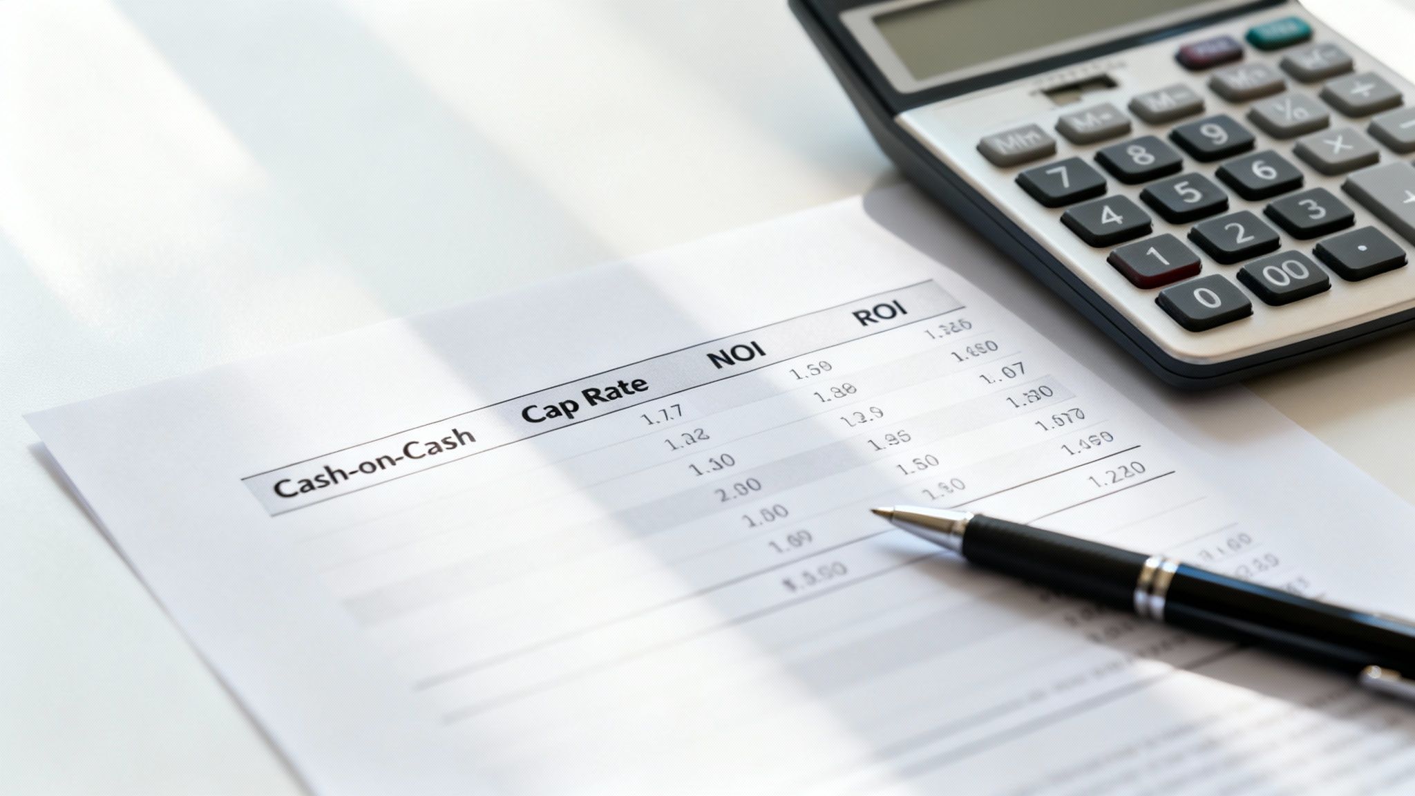 A financial document showing investment metrics like Cap Rate and ROI, a calculator, and a pen on a desk.