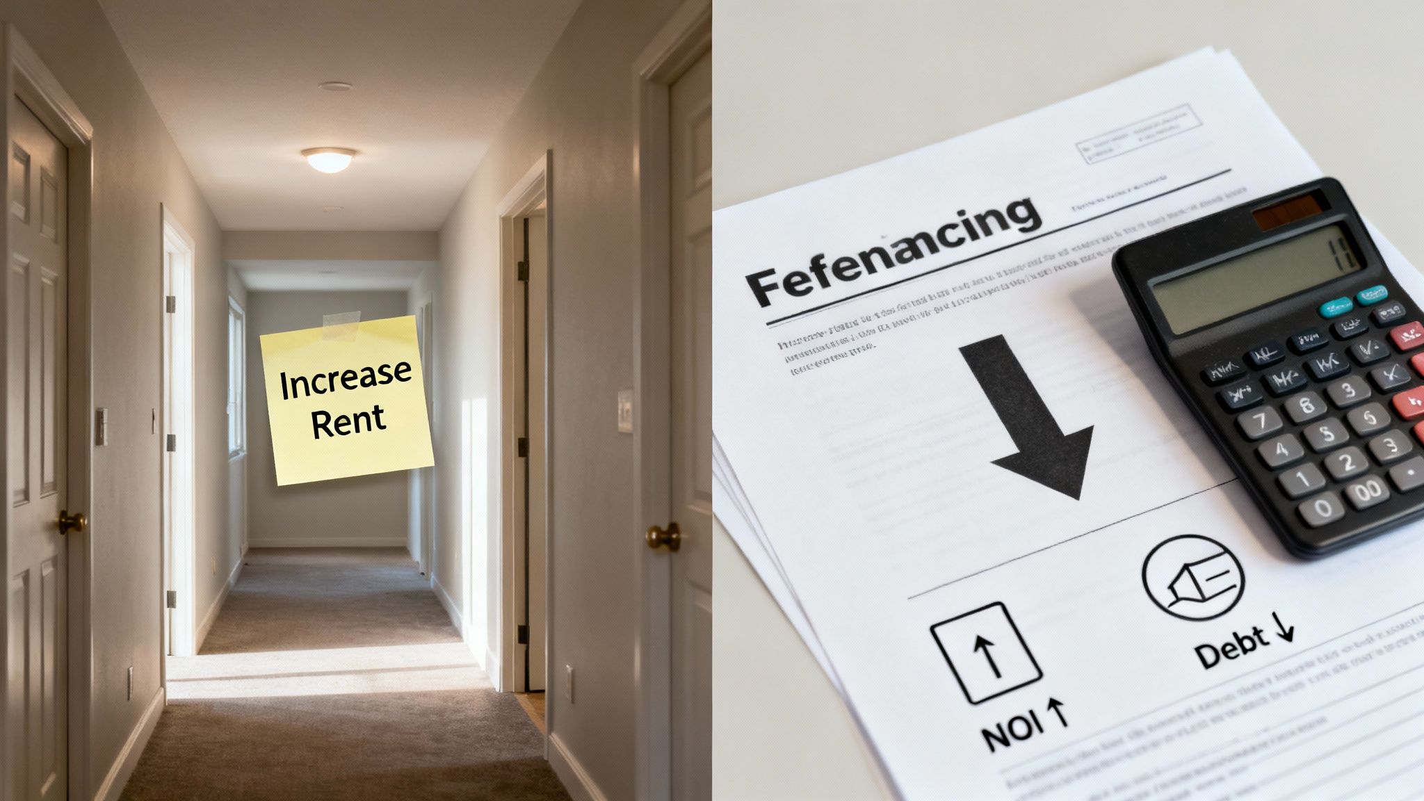 A sticky note about increasing rent in a hallway, and a document with a calculator for real estate refinancing.