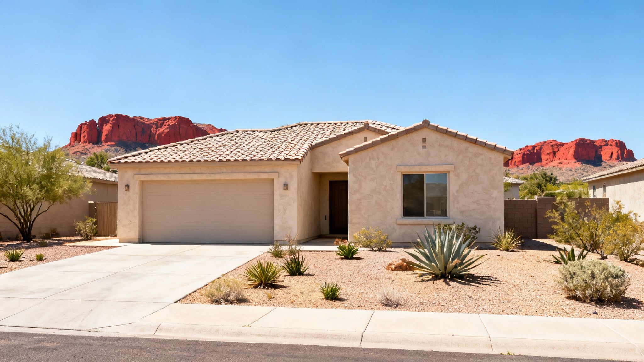 A modern stucco house with desert landscaping in front of stunning red rock mountains under a clear sky.