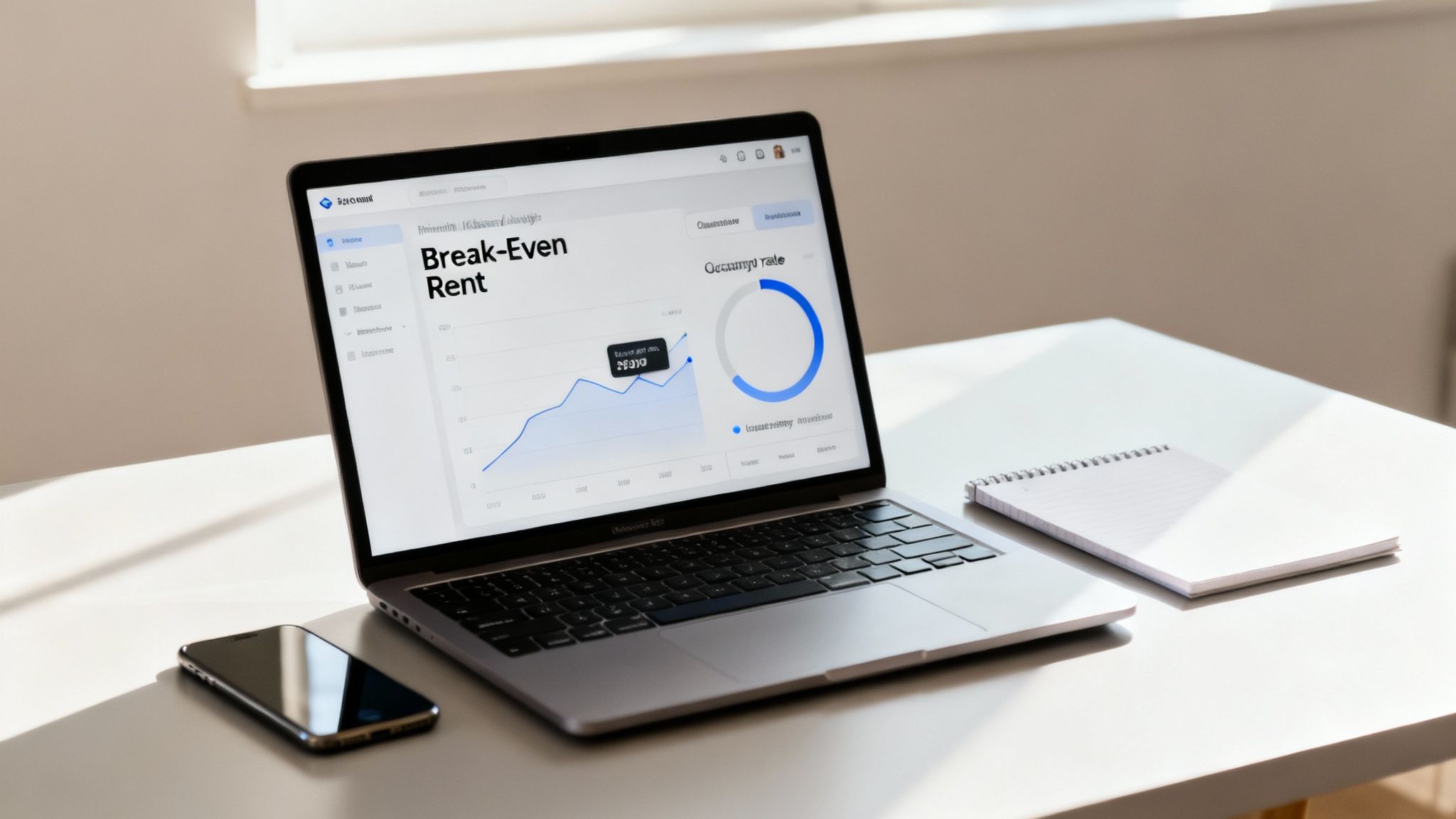 A laptop on a white desk displays a 'Break-Even Rent' graph and occupancy rate, with a phone and notebook nearby.
