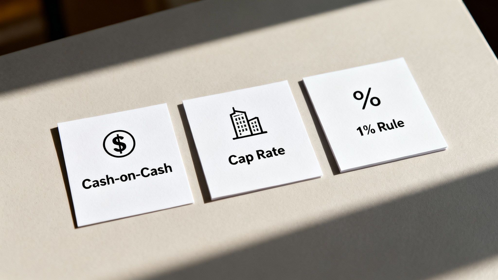 Three cards displaying real estate investment terms: Cash-on-Cash, Cap Rate, and 1% Rule.