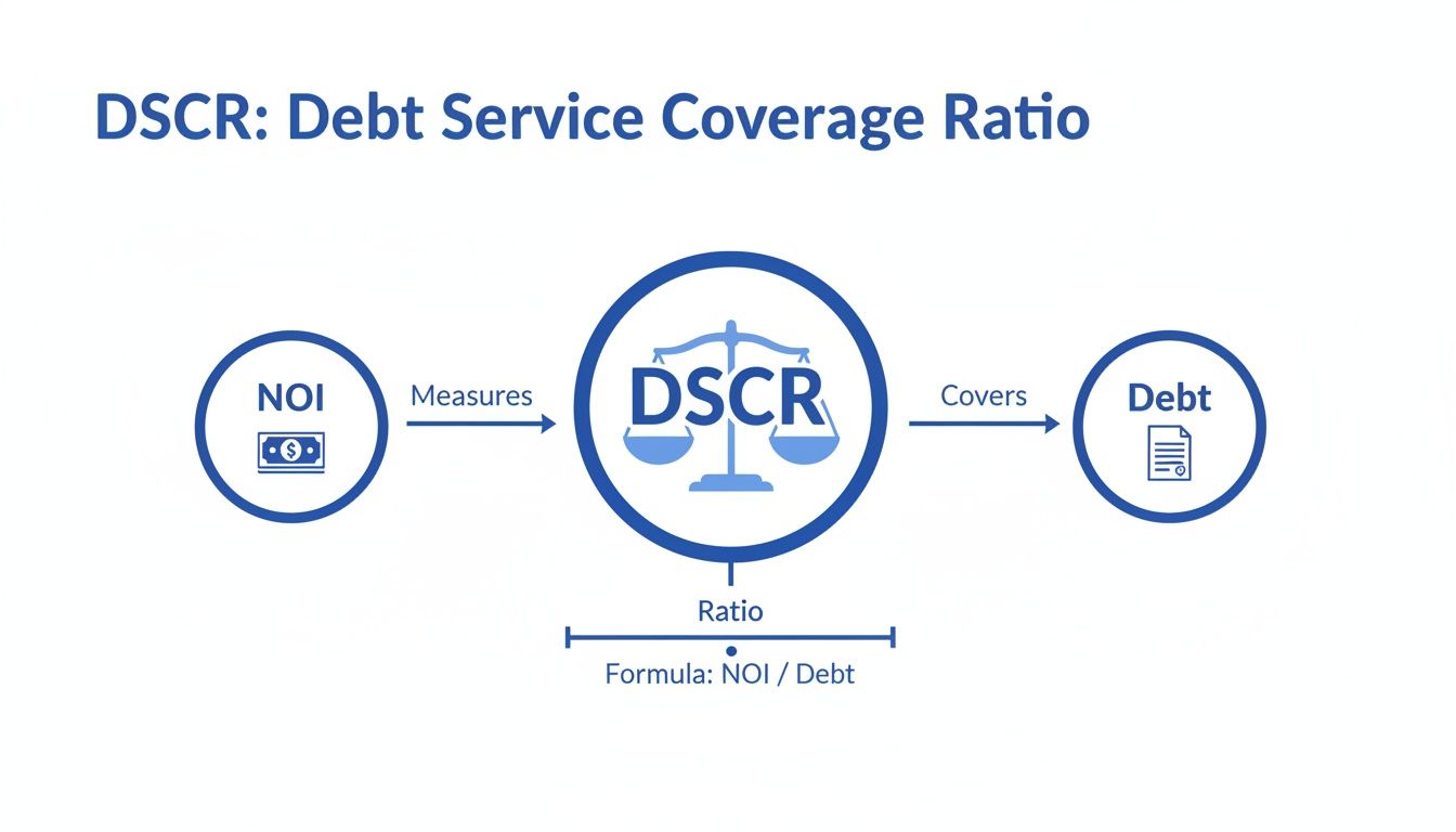 Diagram illustrating Debt Service Coverage Ratio (DSCR) showing NOI measures DSCR, which covers Debt, and the formula NOI/Debt.