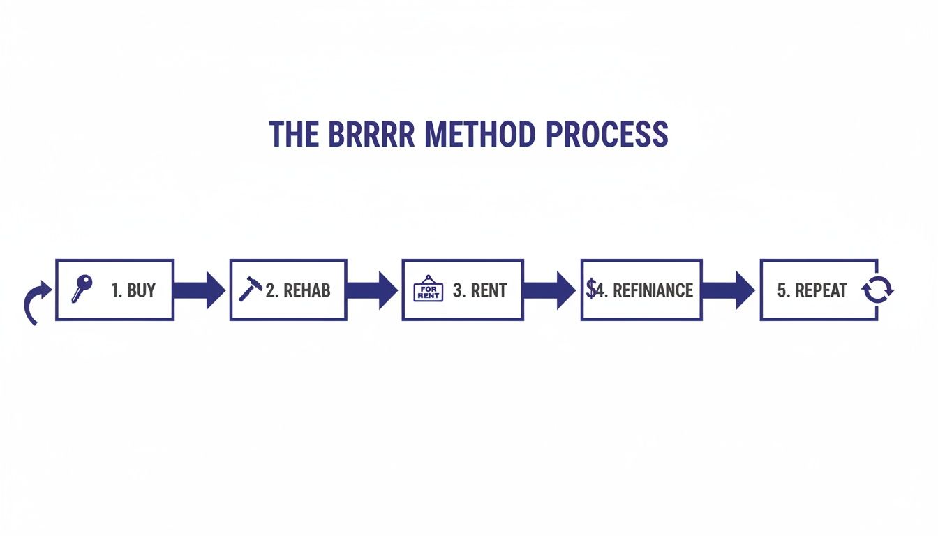 Visual guide to the BRRRR Method, showing steps: Buy, Rehab, Rent, Refinance, and Repeat.