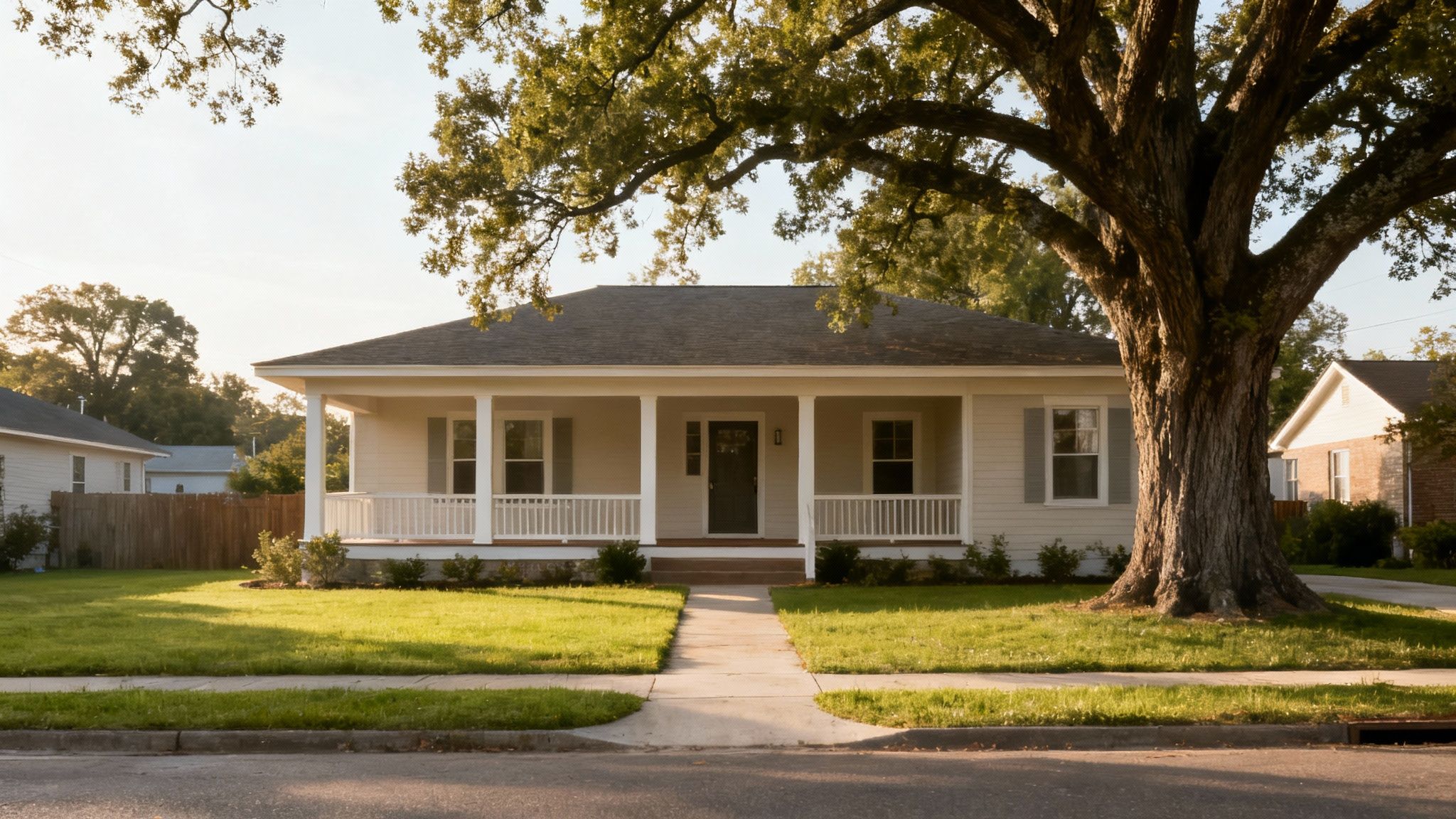 A traditional light-colored house with a front porch, green lawn, and a large tree on a sunny day.