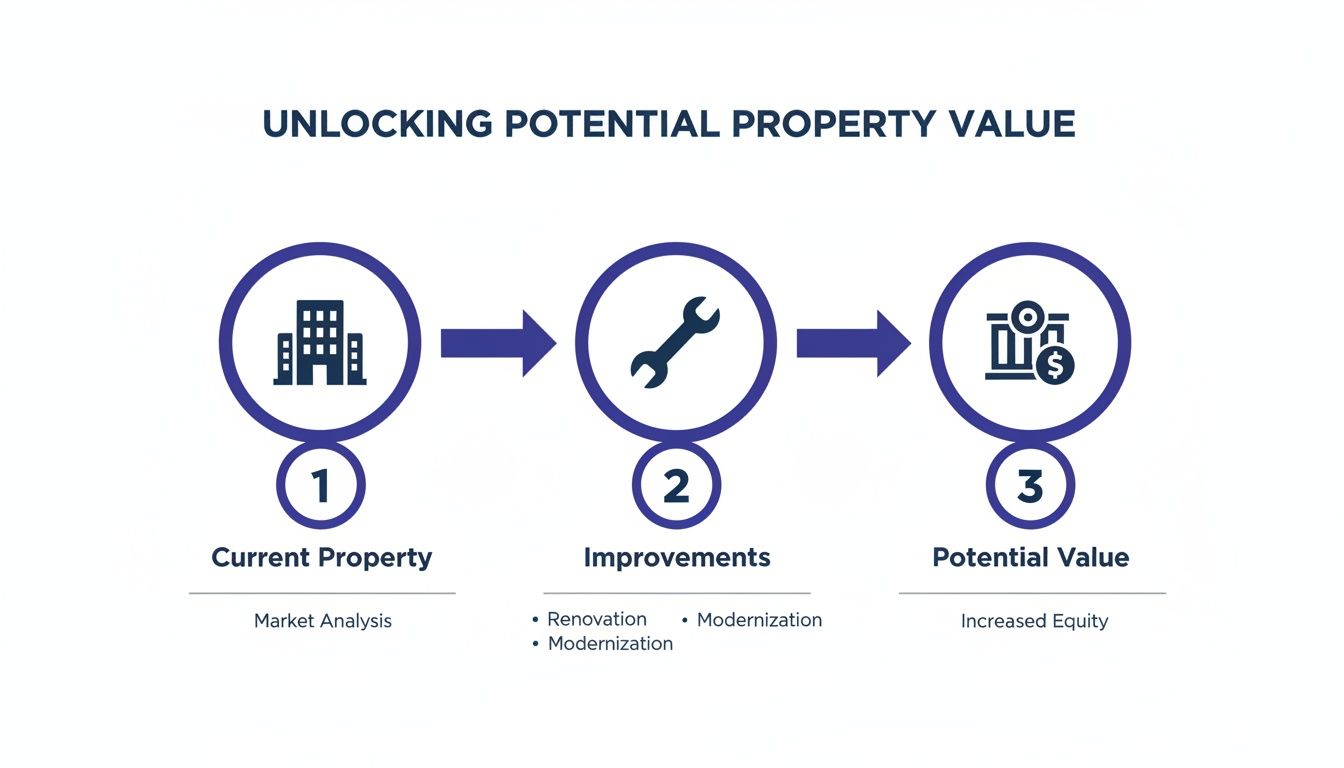 Diagram showing three steps to unlock property value: current property, improvements, and potential value.