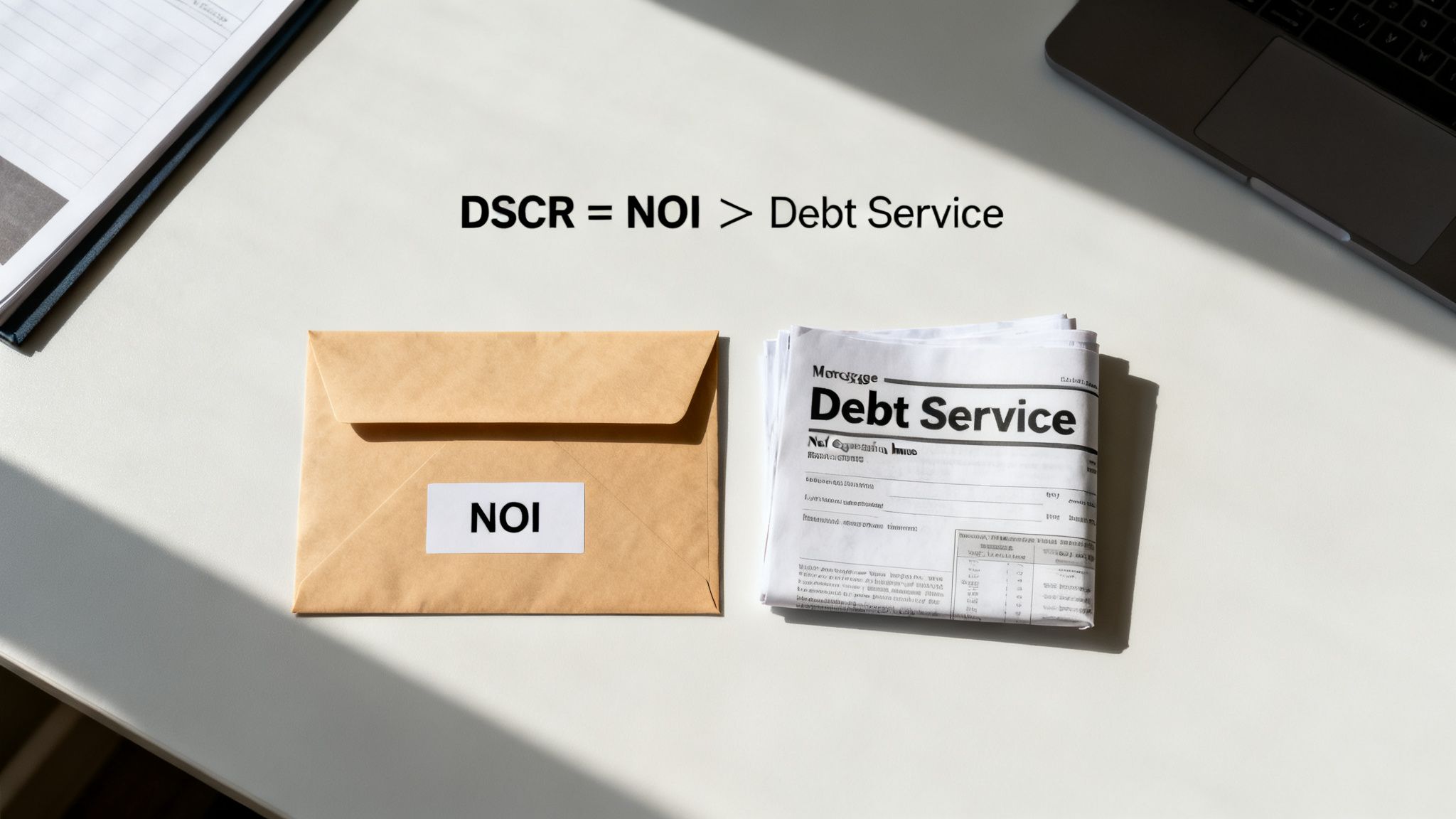 Image illustrating the DSCR formula, showing NOI envelope and Debt Service documents on a white desk.