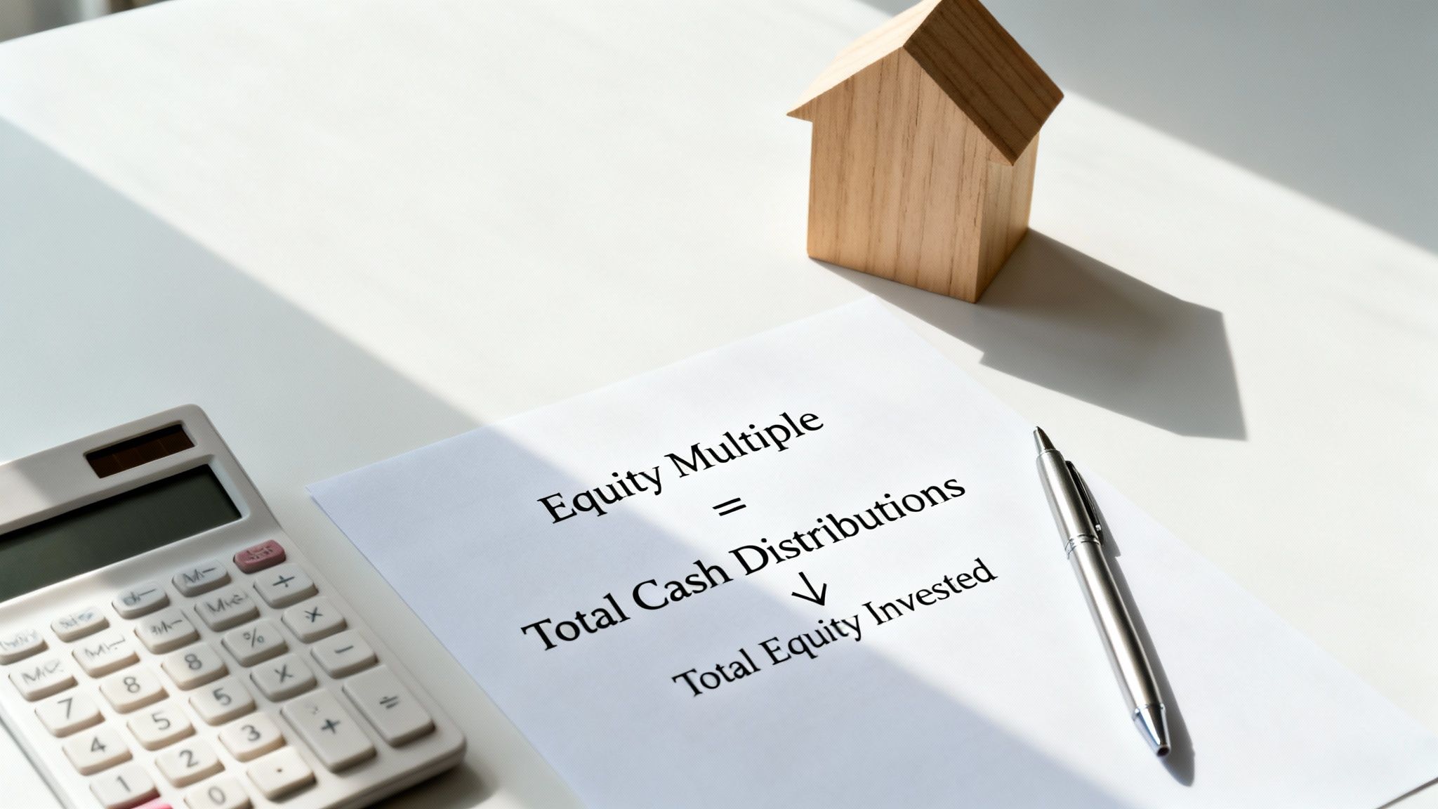 A paper displays 'Equity Multiple' formula on a desk with a calculator, pen, and house model.