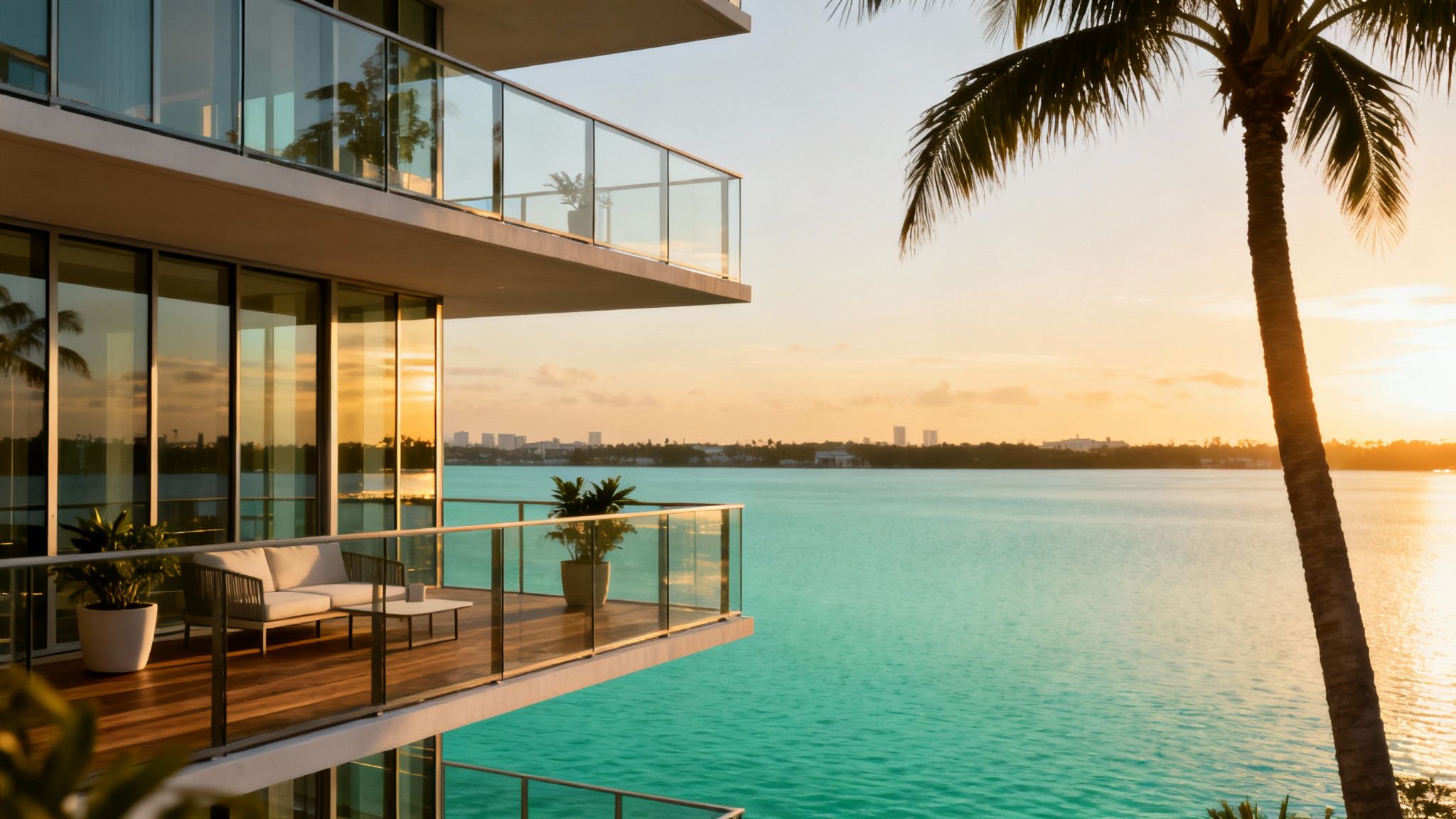 Modern apartment balcony overlooking a vibrant turquoise sea with a city skyline at sunset.